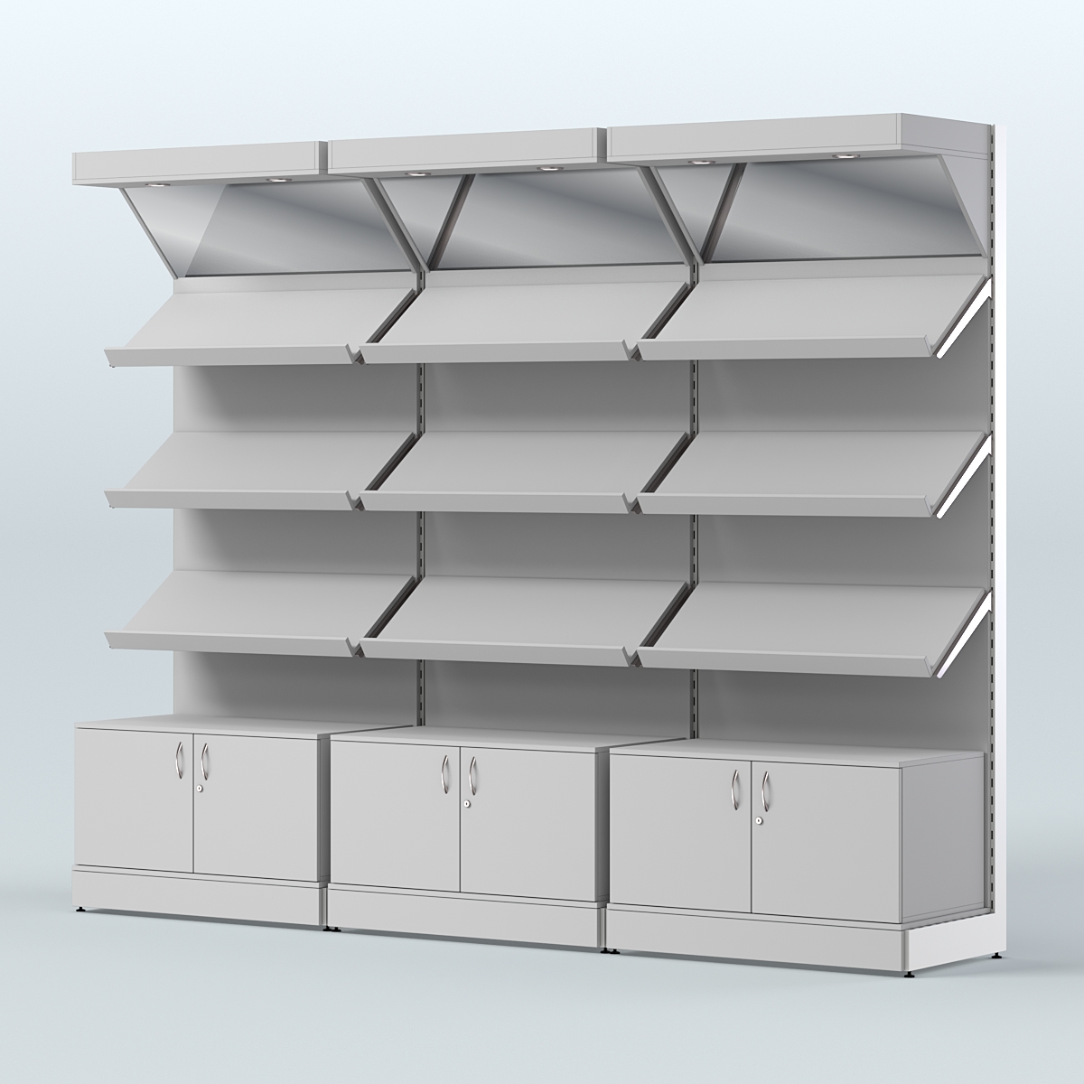 Стеллаж для хлеба и выпечки с тремя наклонными полками накопителем и фризом трех-секционный СХНПНФ-03 Серый