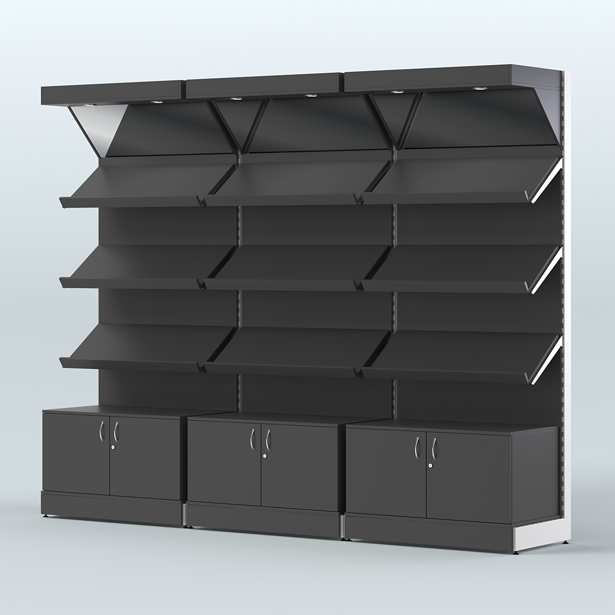 Стеллаж для хлеба и выпечки с тремя наклонными полками накопителем и фризом трех-секционный СХНПНФ-03 Черный