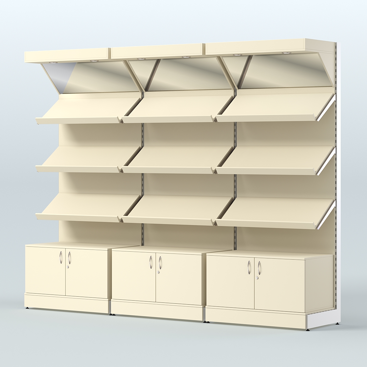 Стеллаж для хлеба и выпечки с тремя наклонными полками накопителем и фризом трех-секционный СХНПНФ-03 Крем Вайс
