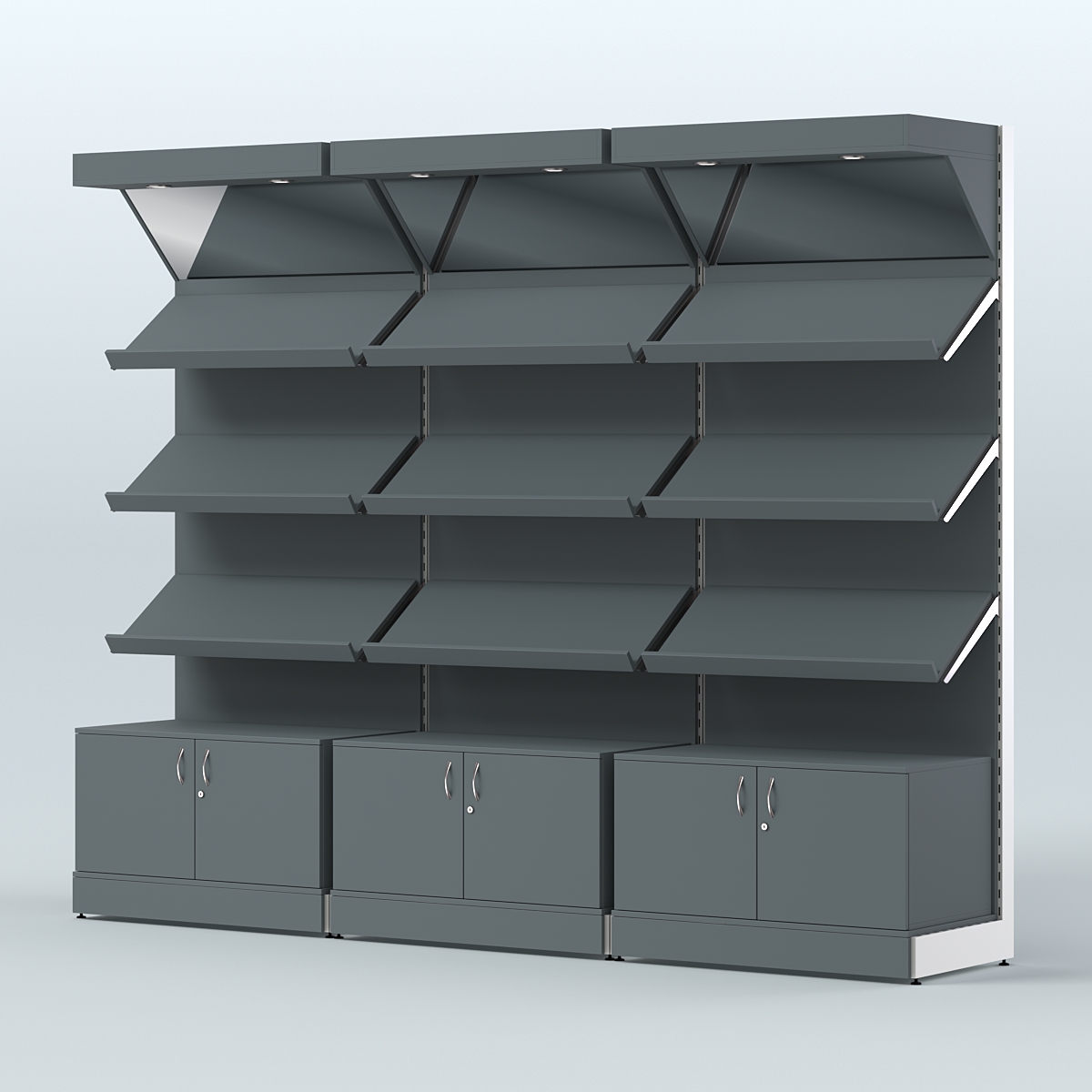 Стеллаж для хлеба и выпечки с тремя наклонными полками накопителем и фризом трех-секционный СХНПНФ-03 Темно-Серый