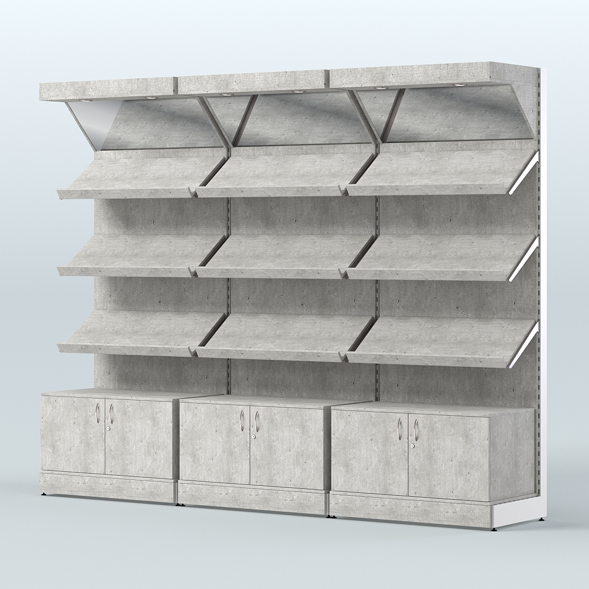 Стеллаж для хлеба и выпечки с тремя наклонными полками накопителем и фризом трех-секционный СХНПНФ-03 Метрополитан Грей