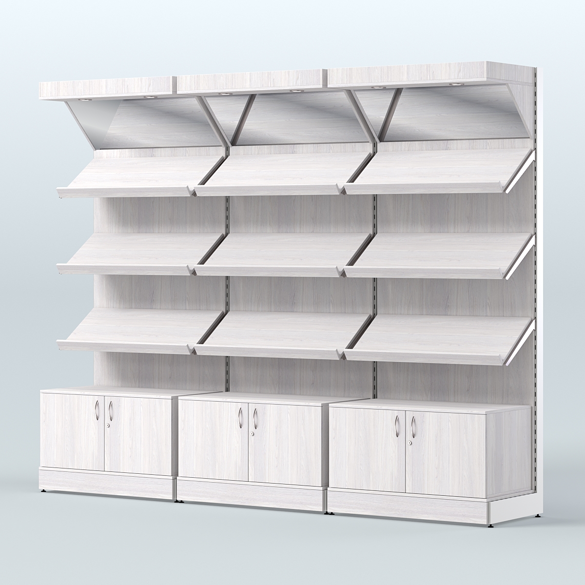 Стеллаж для хлеба и выпечки с тремя наклонными полками накопителем и фризом трех-секционный СХНПНФ-03 Ясень Анкор светлый