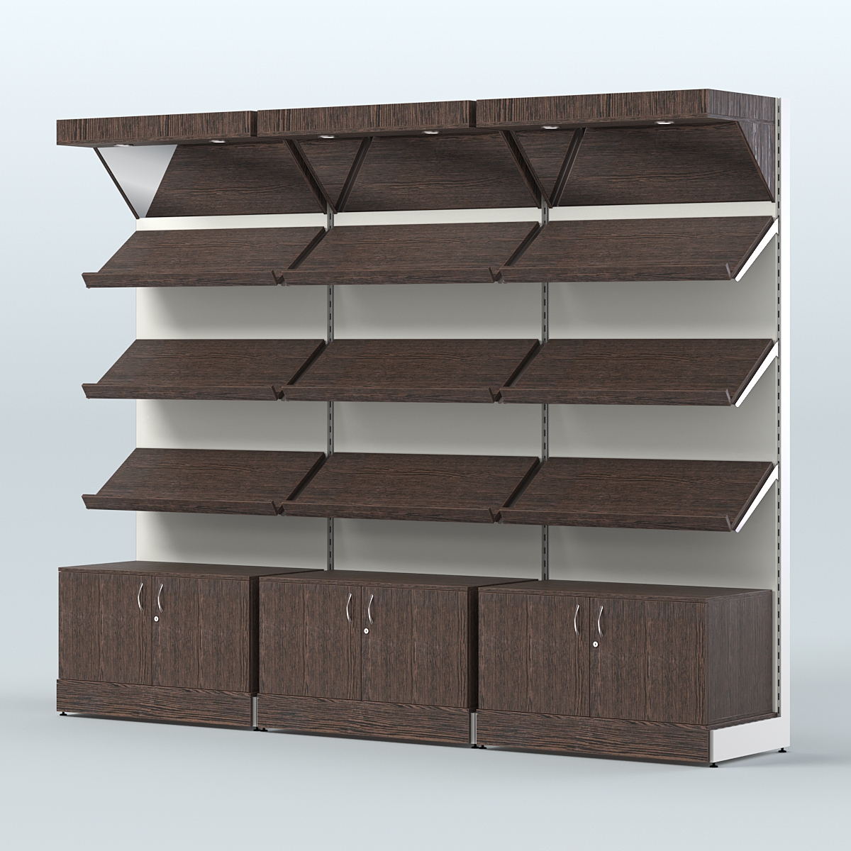 Стеллаж для хлеба и выпечки с тремя наклонными полками накопителем и фризом трех-секционный СХНПНФ-03 Дуб Венге + Белый