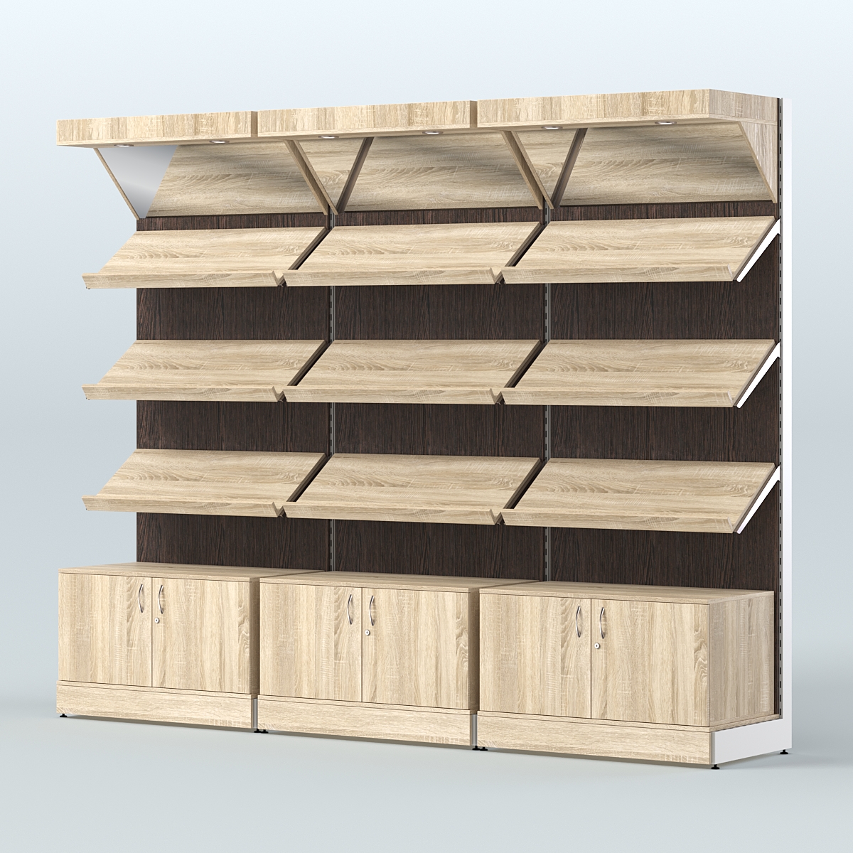 Стеллаж для хлеба и выпечки с тремя наклонными полками накопителем и фризом трех-секционный СХНПНФ-03 Дуб Сонома + Дуб Венге