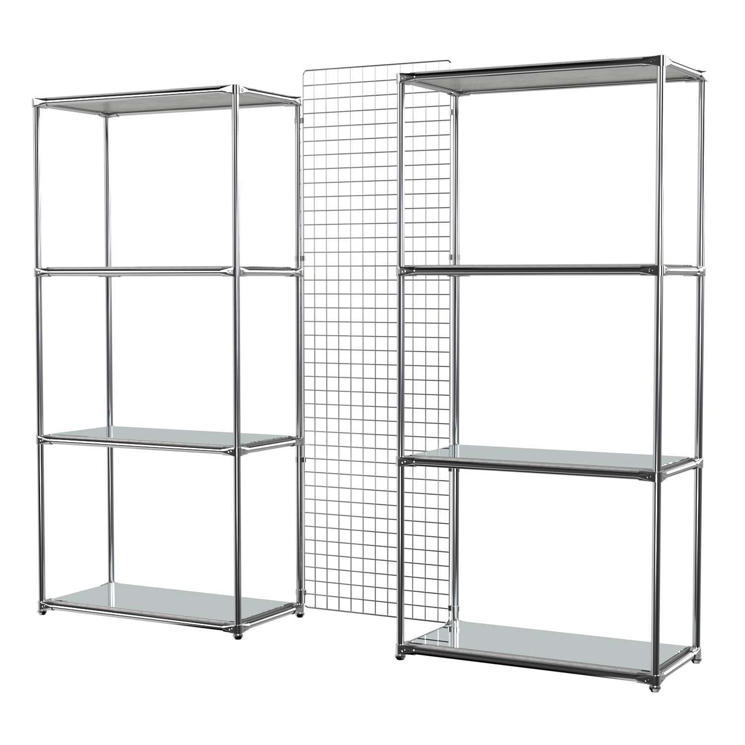 Сетчатый стеллаж СТИЛЬ с зеркальными полками и решеткой №31-4 Метрополитан Грей