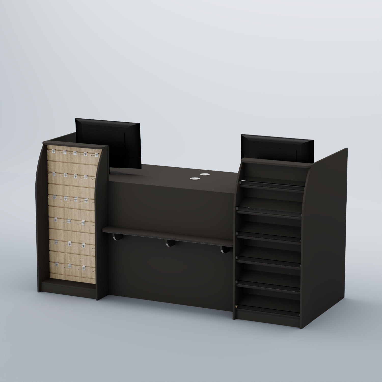 Ресепшен Атлант с фасадными наклонными полочками и экономпанелью №5 Черный + Дуб Сонома