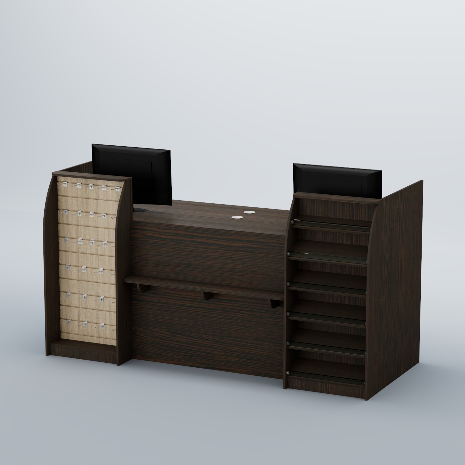 Ресепшен Атлант с фасадными наклонными полочками и экономпанелью №5 Дуб Венге + Дуб Сонома