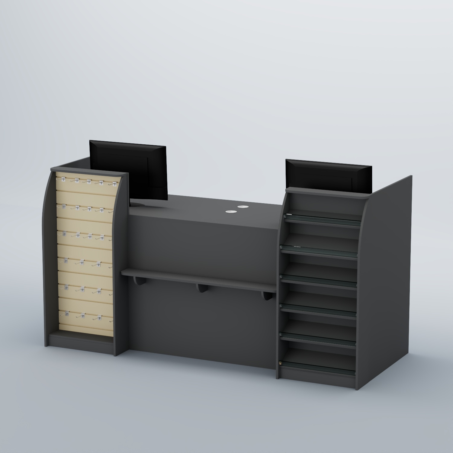 Ресепшен Атлант с фасадными наклонными полочками и экономпанелью №5 Темно-серый + Крем Вайс