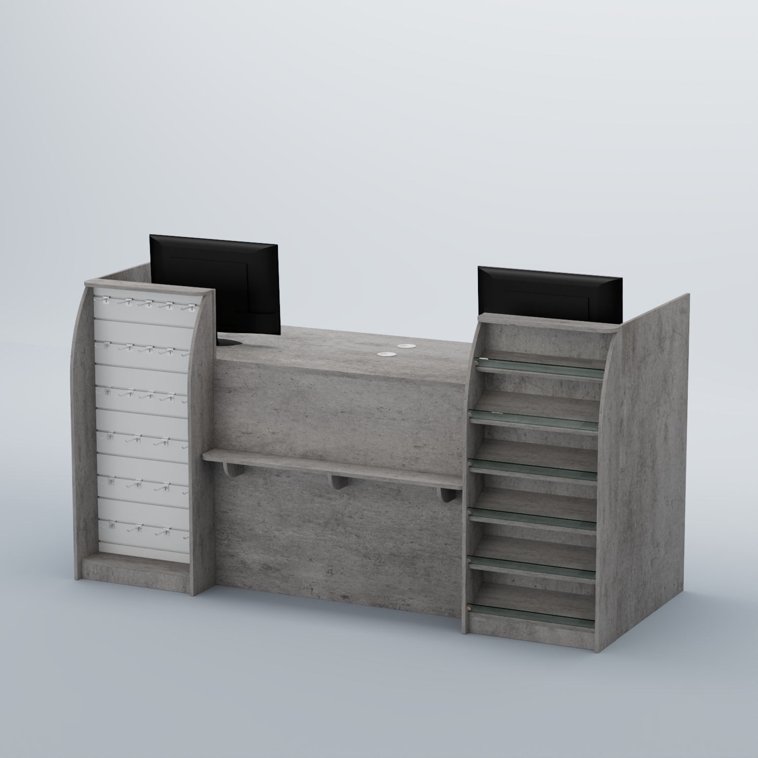 Ресепшен Атлант с фасадными наклонными полочками и экономпанелью №5 Бетон Чикаго светло-серый + Белый