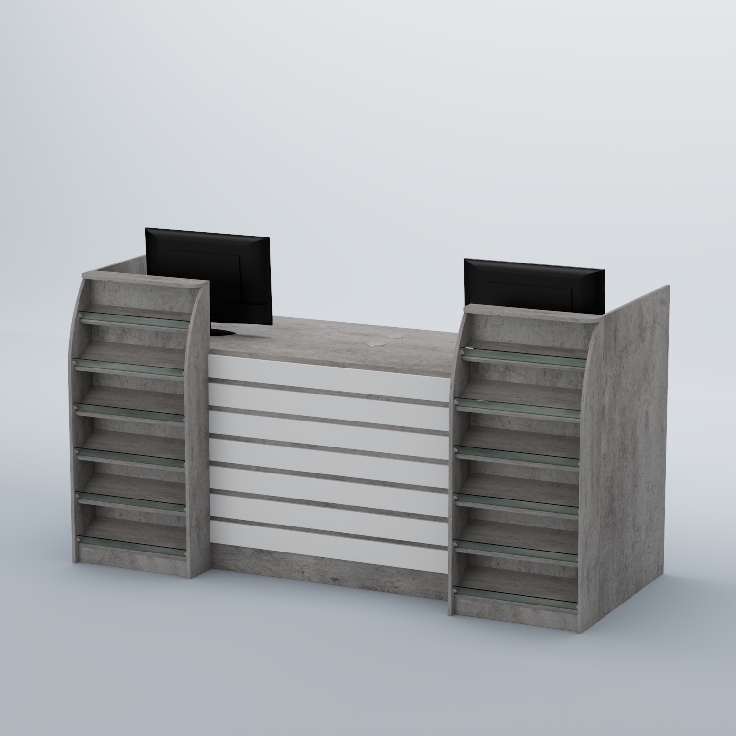 Ресепшен Атлант с накладными планками и наклонными полками №7 Бетон Чикаго светло-серый + Белый