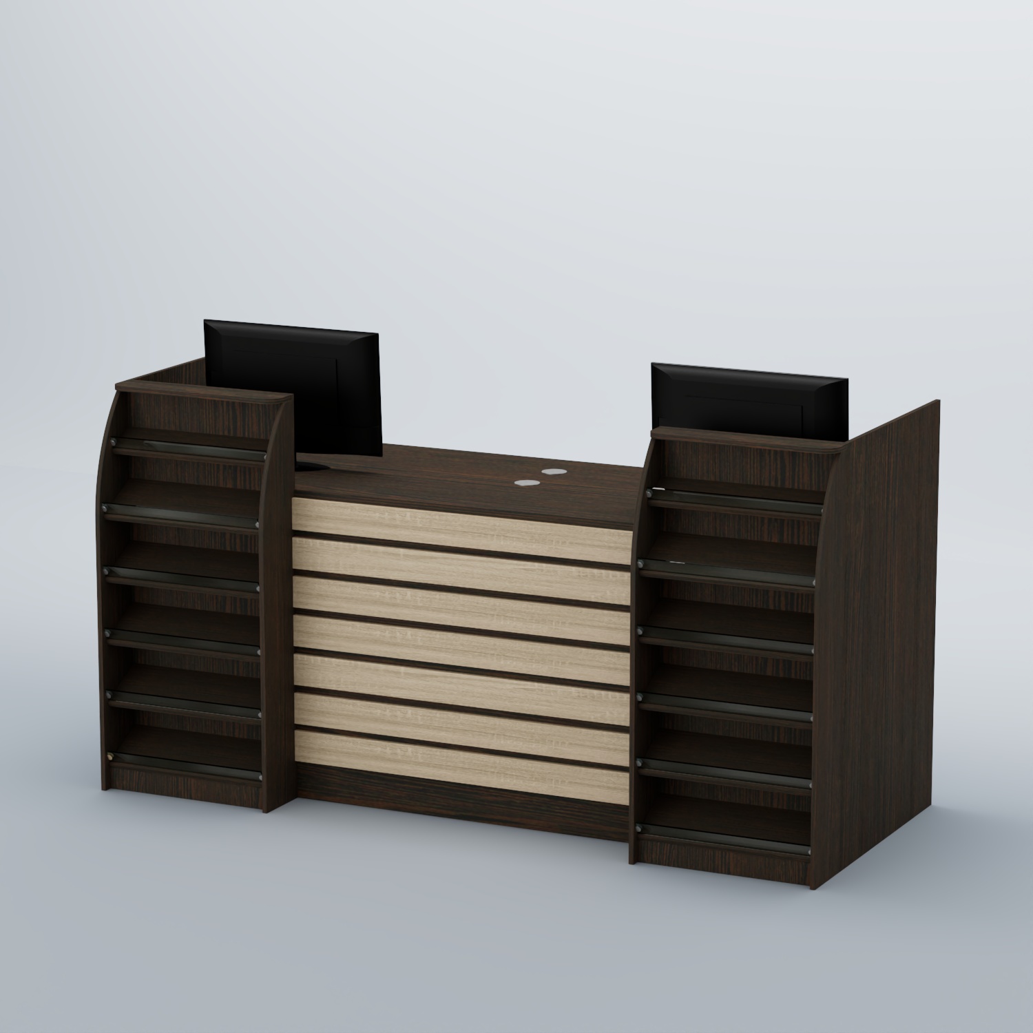 Ресепшен Атлант с накладными планками и наклонными полками №7 Дуб Венге + Дуб Сонома