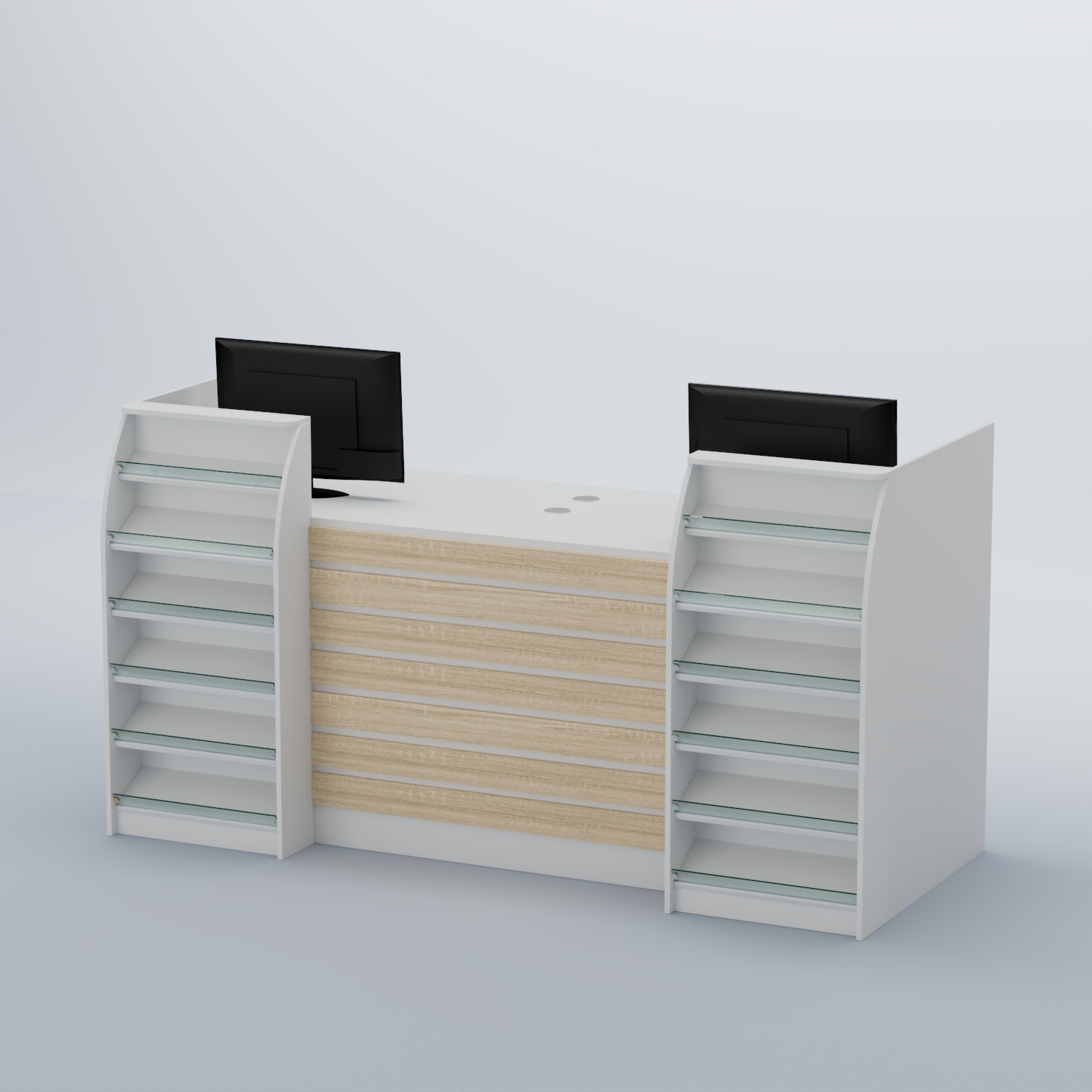 Ресепшен Атлант с накладными планками и наклонными полками №7 Белый + Дуб Сонома