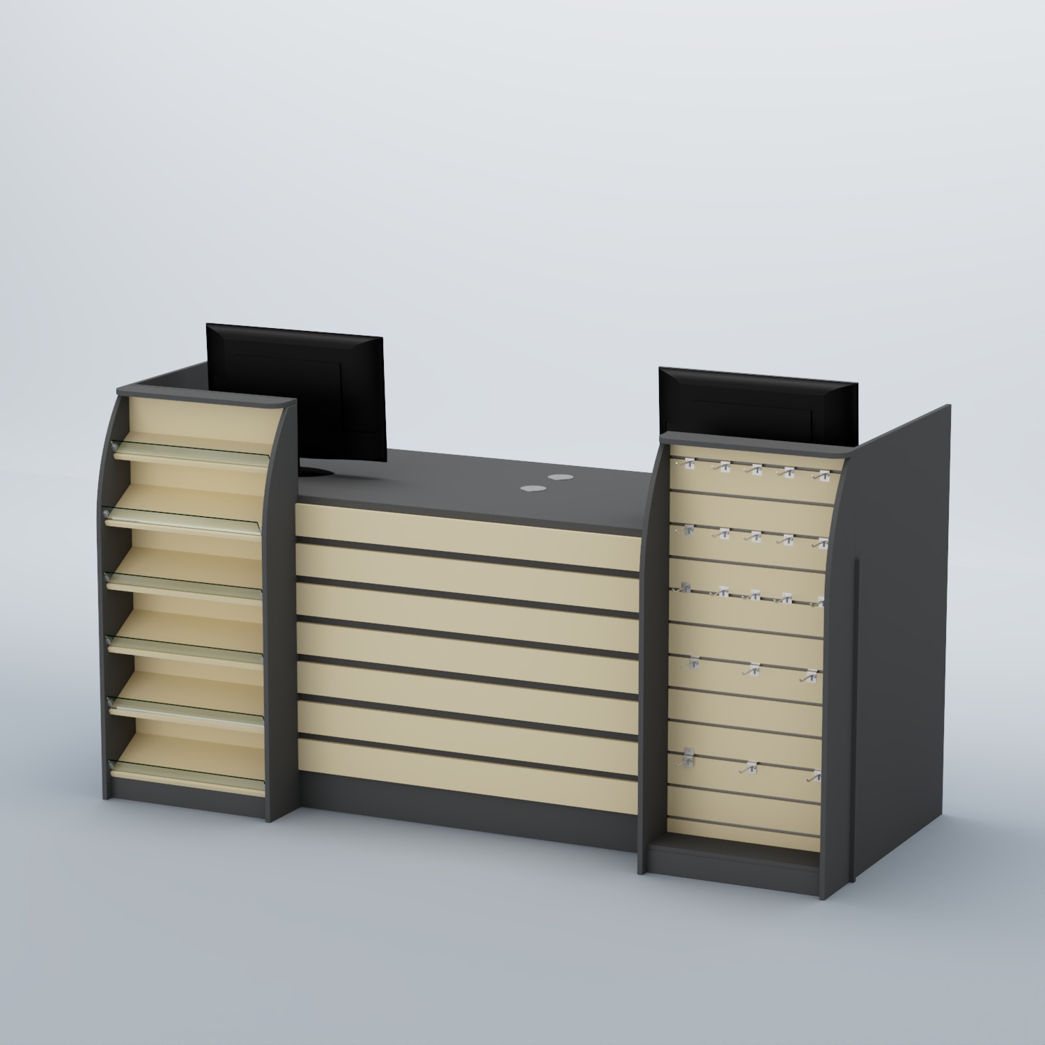 Ресепшен Атлант с накладными планками наклонными полками и экономпанелью №9 Темно-серый + Крем Вайс