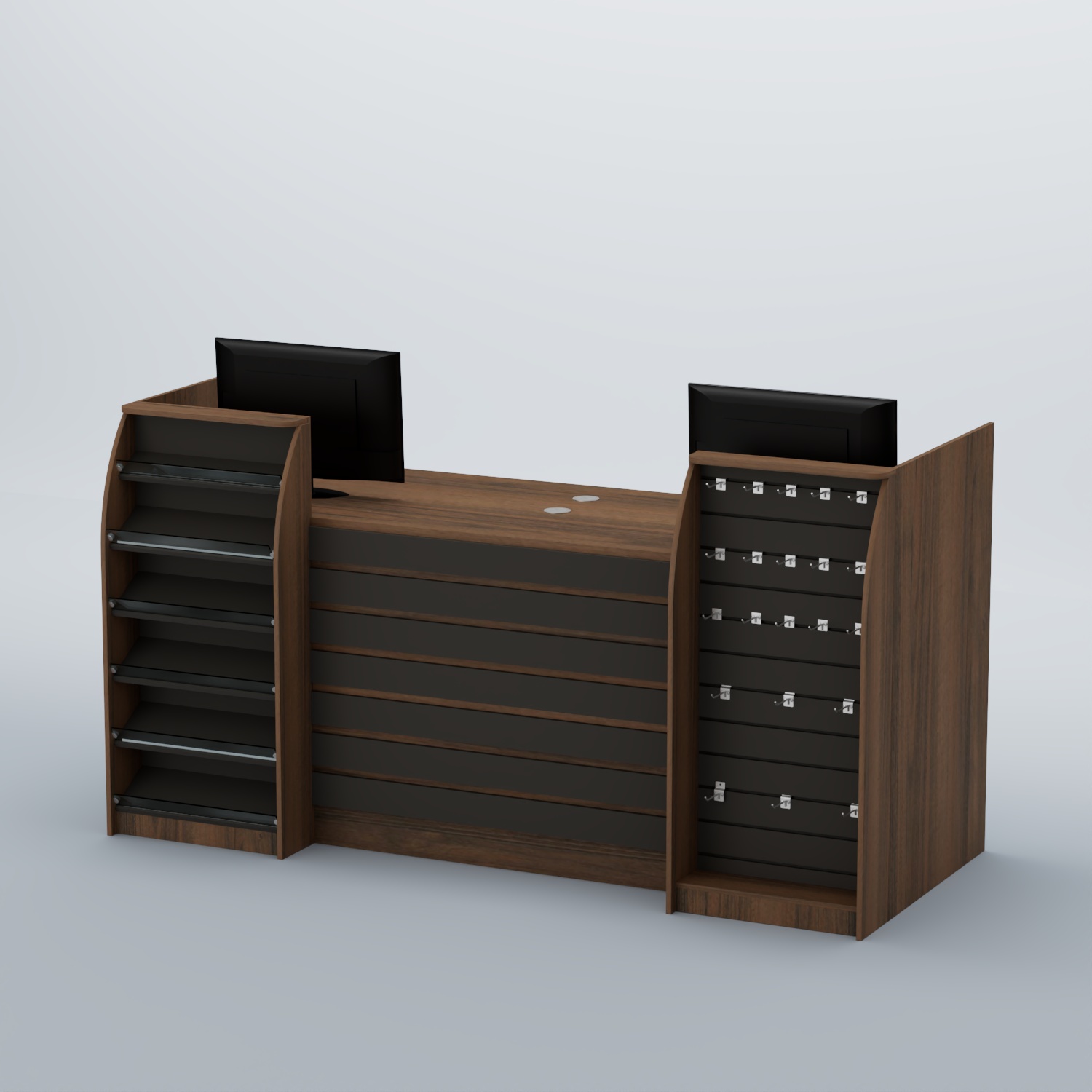 Ресепшен Атлант с накладными планками наклонными полками и экономпанелью №9 Орех + Черный