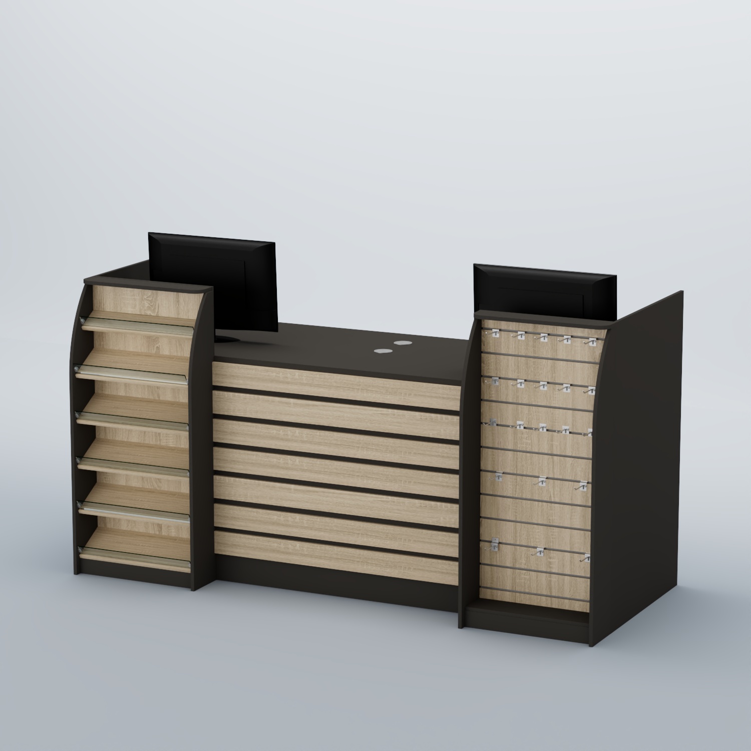 Ресепшен Атлант с накладными планками наклонными полками и экономпанелью №9 Черный + Дуб Сонома