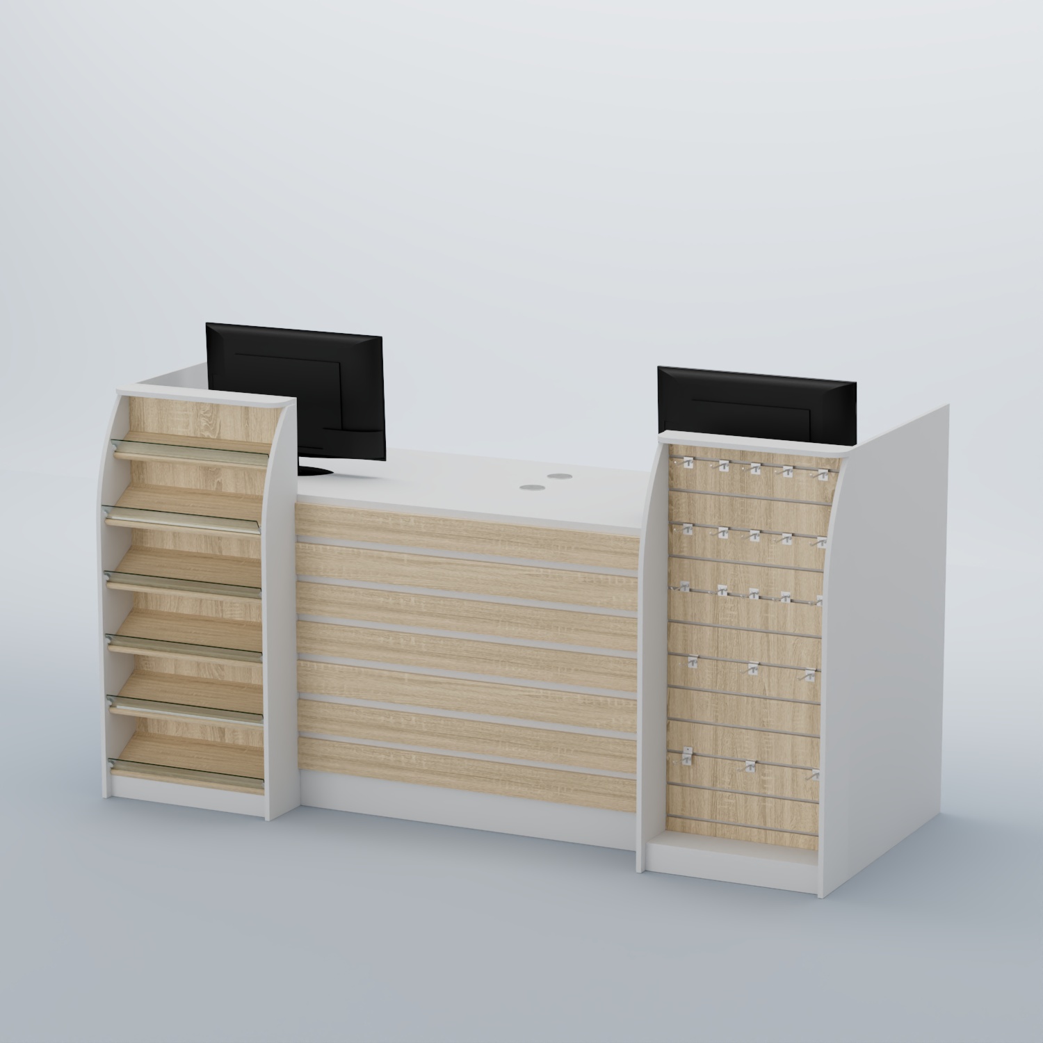 Ресепшен Атлант с накладными планками наклонными полками и экономпанелью №9 Белый + Дуб Сонома