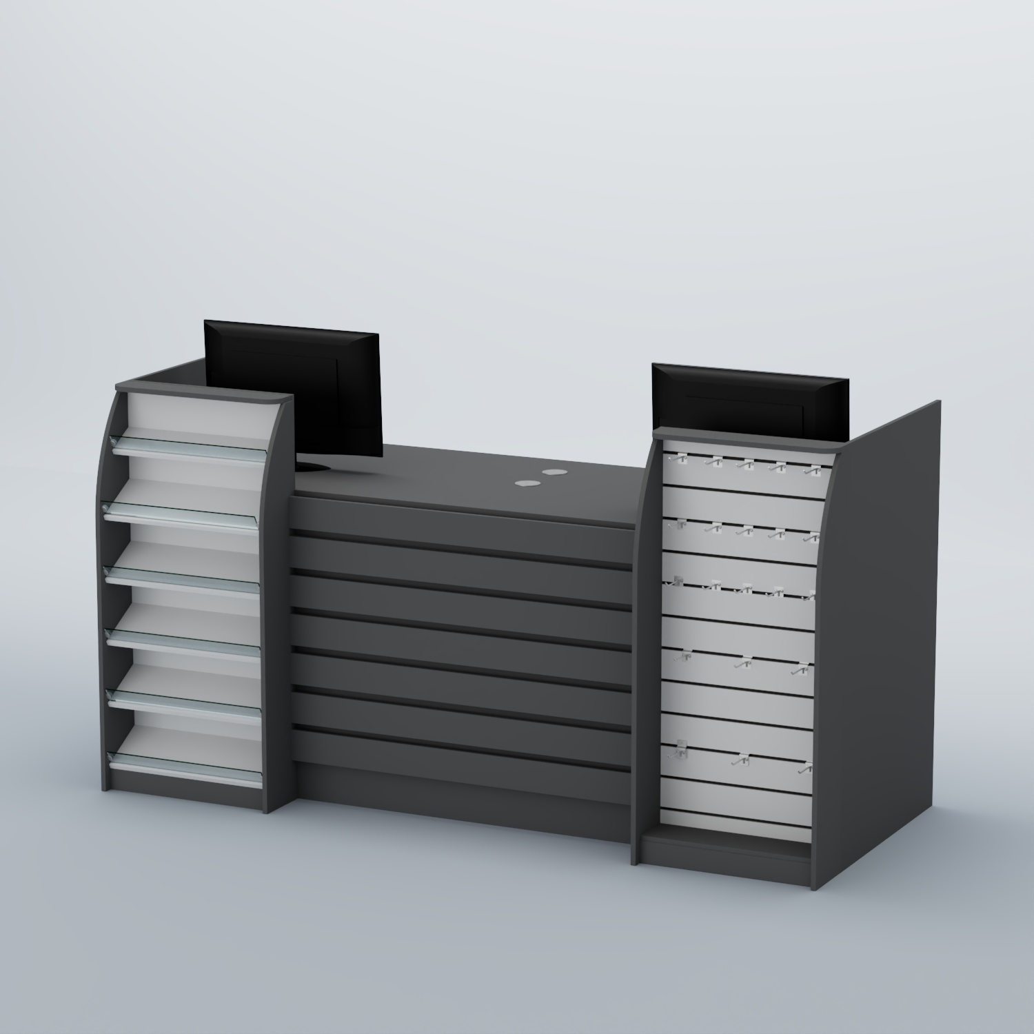 Ресепшен Атлант с накладными планками наклонными полками и экономпанелью №9 Темно-Серый