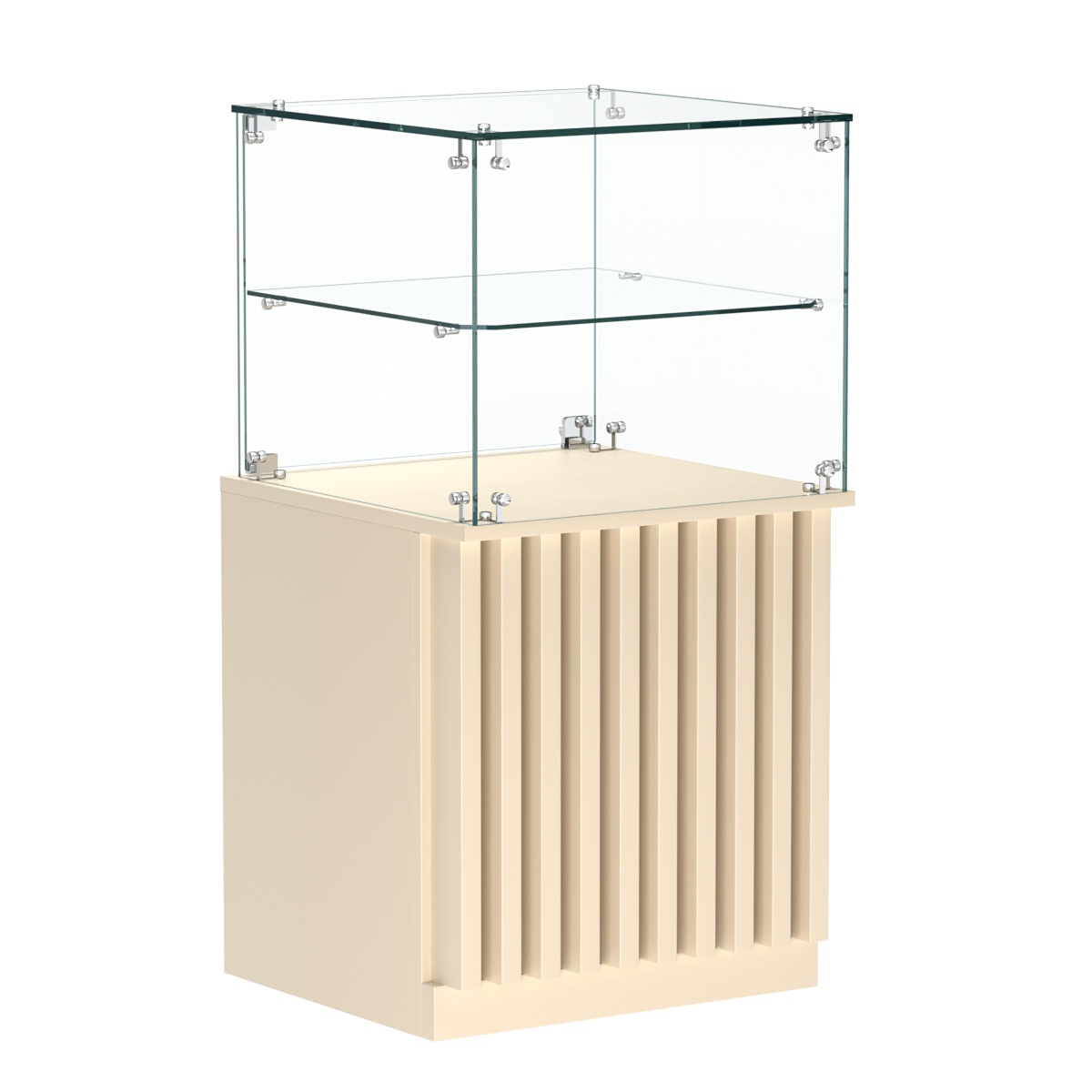 Торговый прилавок квадратный с планками и стеклянной полкой серии ВЕРТИКАЛЬ №41 Крем Вайс