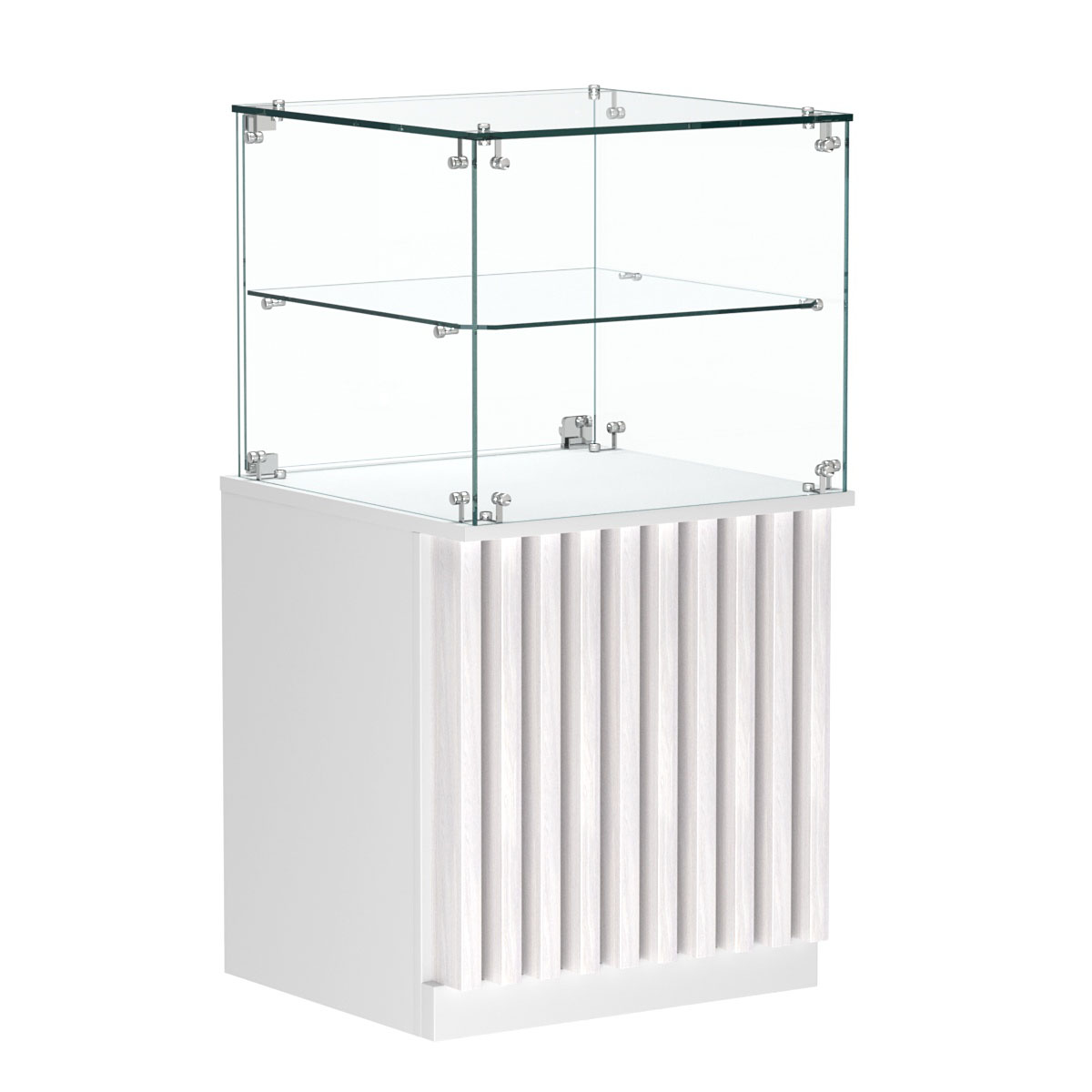 Торговый прилавок квадратный с планками и стеклянной полкой серии ВЕРТИКАЛЬ №41 Белый