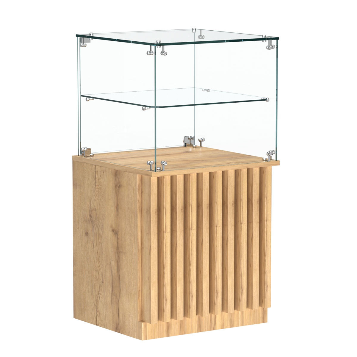 Торговый прилавок квадратный с планками и стеклянной полкой серии ВЕРТИКАЛЬ №41 Дуб Золотистый