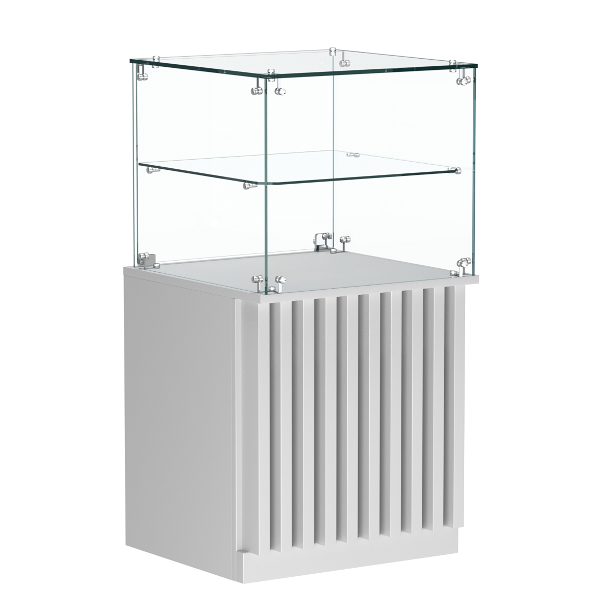 Торговый прилавок квадратный с планками и стеклянной полкой серии ВЕРТИКАЛЬ №41 Серый