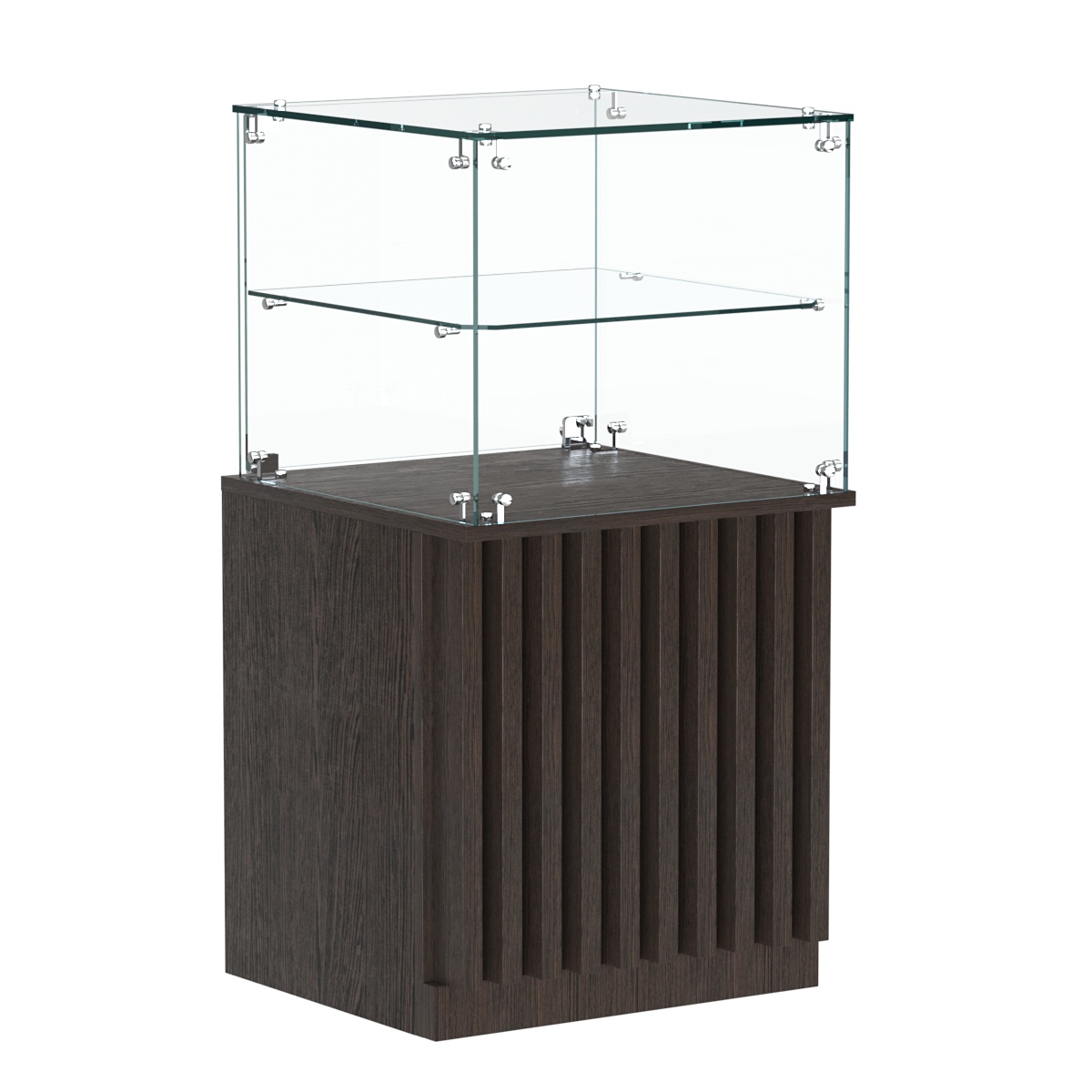 Торговый прилавок квадратный с планками и стеклянной полкой серии ВЕРТИКАЛЬ №41 Дуб Венге