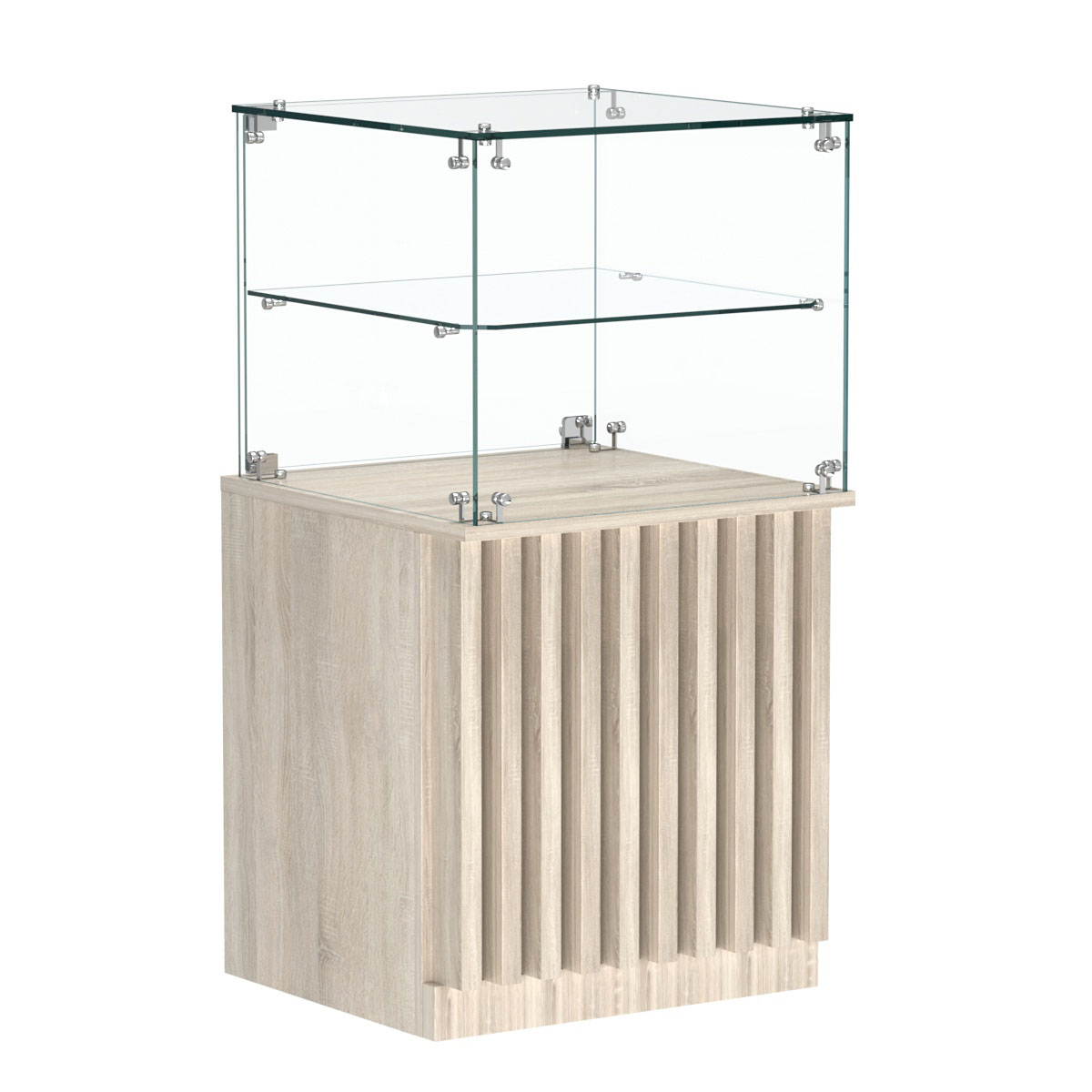 Торговый прилавок квадратный с планками и стеклянной полкой серии ВЕРТИКАЛЬ №41 Дуб сонома