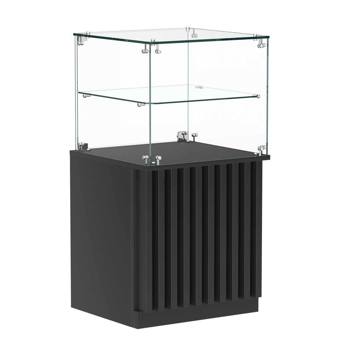 Торговый прилавок квадратный с планками и стеклянной полкой серии ВЕРТИКАЛЬ №41 Черный