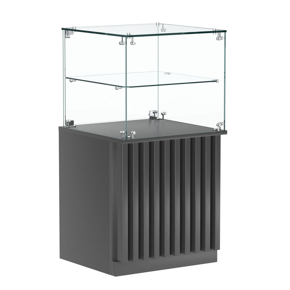 Торговый прилавок квадратный с планками и стеклянной полкой серии ВЕРТИКАЛЬ №41 Антрацит