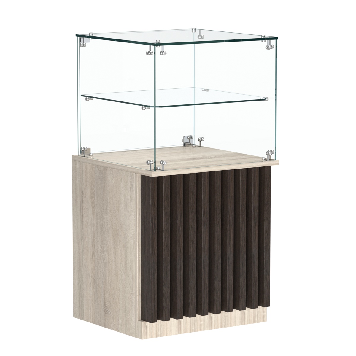 Торговый прилавок квадратный с планками и стеклянной полкой серии ВЕРТИКАЛЬ №41 Дуб Сонома + Дуб Венге