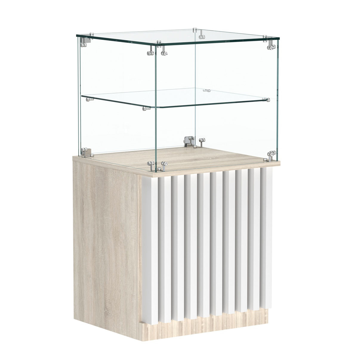Торговый прилавок квадратный с планками и стеклянной полкой серии ВЕРТИКАЛЬ №41 Дуб Сонома + Белый