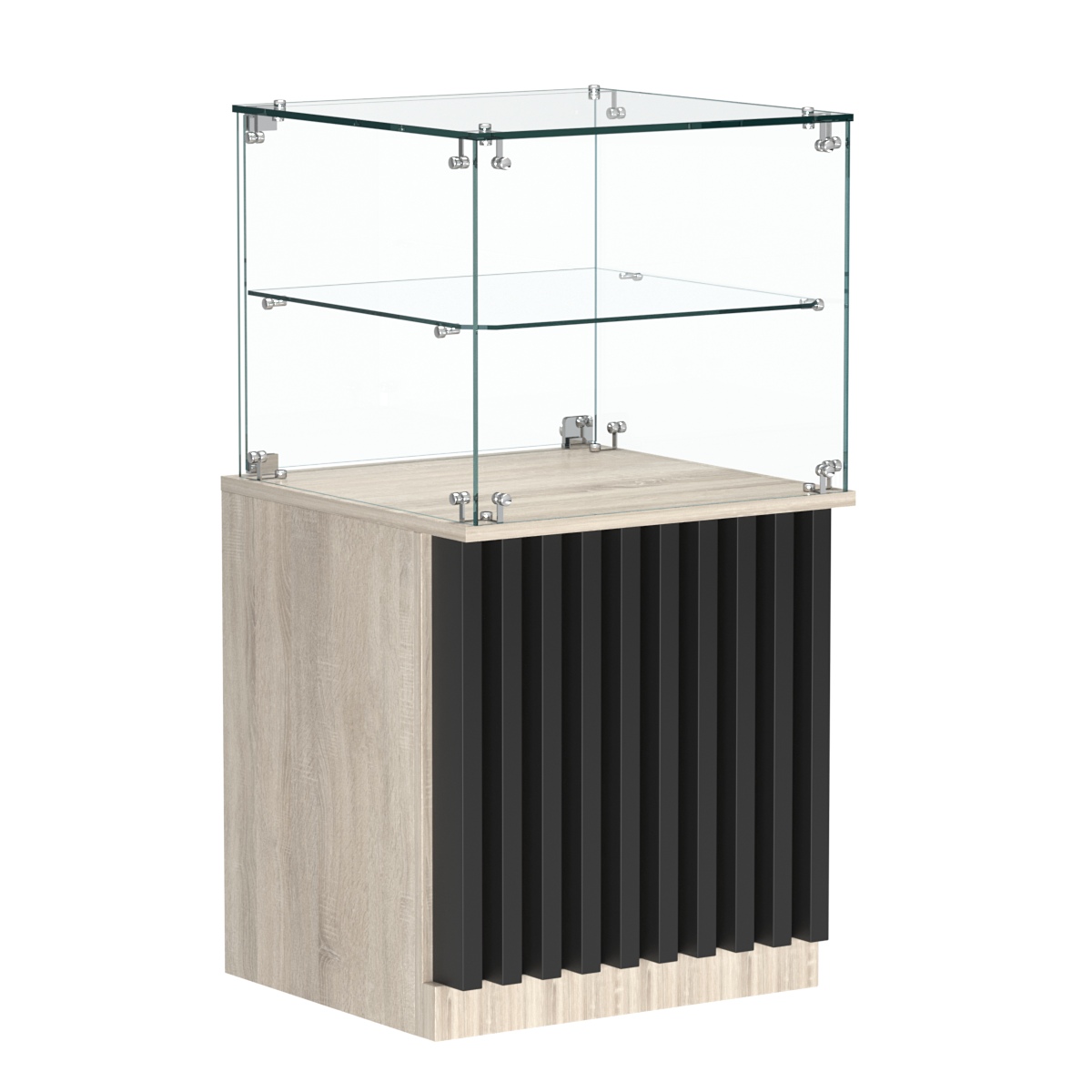 Торговый прилавок квадратный с планками и стеклянной полкой серии ВЕРТИКАЛЬ №41 Дуб Сонома + Черный