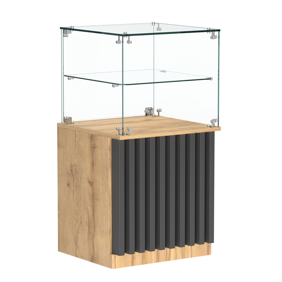 Торговый прилавок квадратный с планками и стеклянной полкой серии ВЕРТИКАЛЬ №41 Дуб Золотистый и Темно-Серый