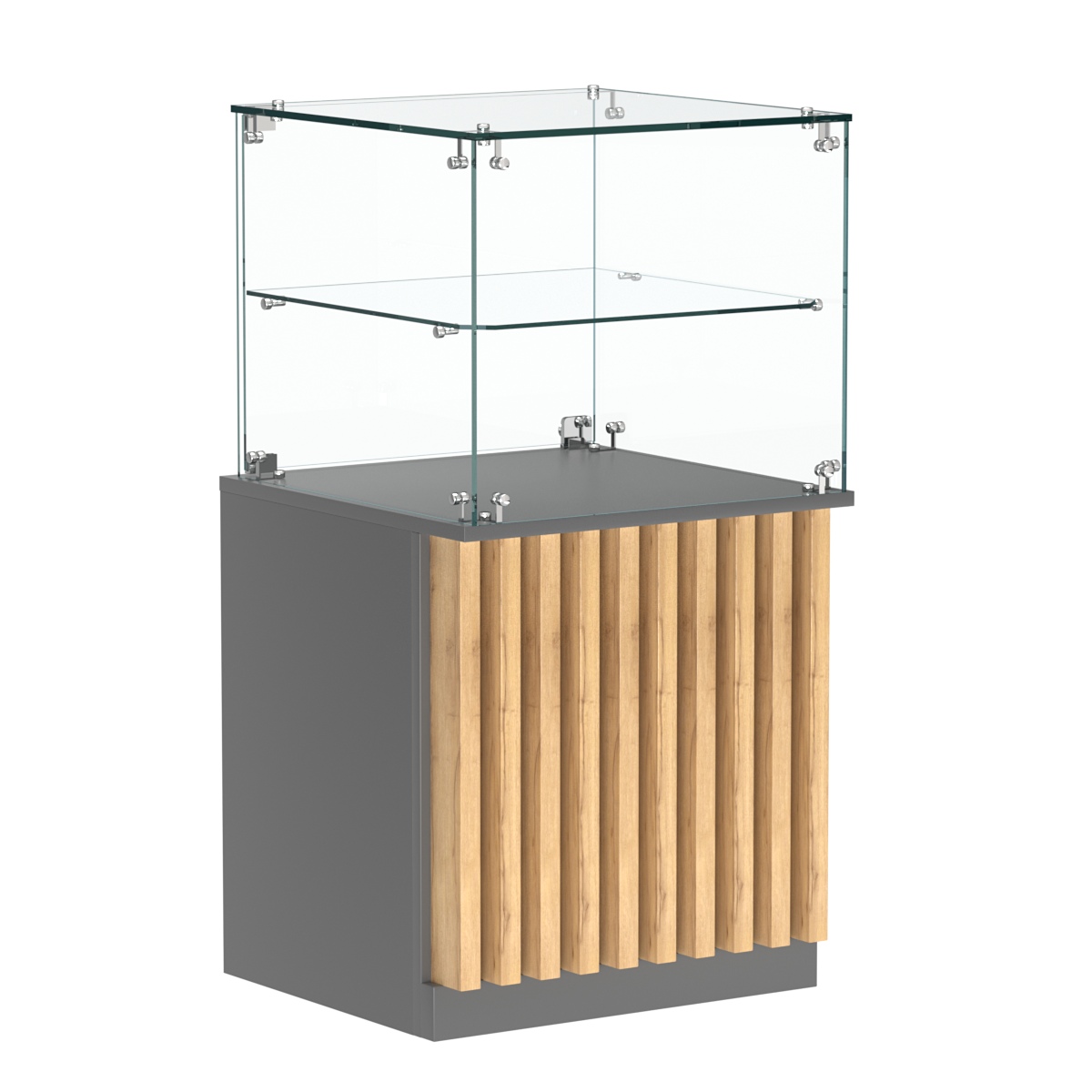 Торговый прилавок квадратный с планками и стеклянной полкой серии ВЕРТИКАЛЬ №41 Темно-серый и Дуб Золотистый