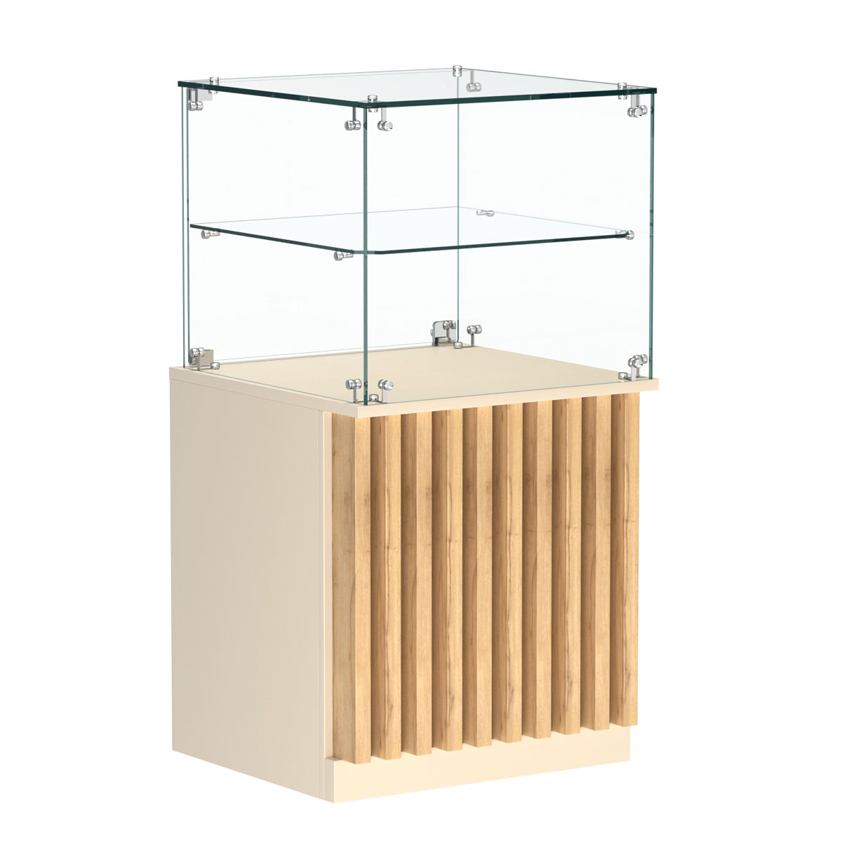 Торговый прилавок квадратный с планками и стеклянной полкой серии ВЕРТИКАЛЬ №41 Крем Вайс и Дуб Золотистый