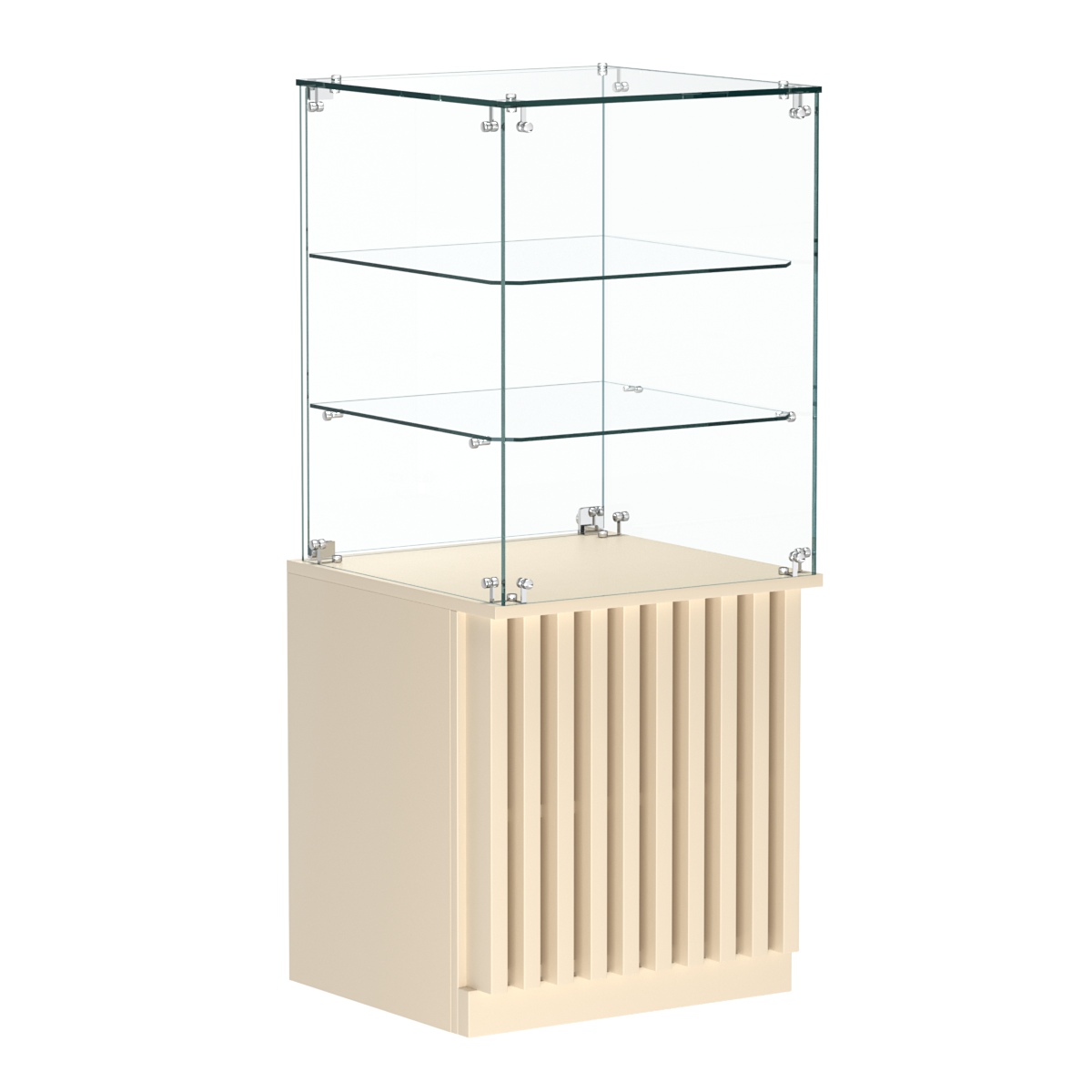 Торговый прилавок квадратный с планками и двумя стеклянными полками серии ВЕРТИКАЛЬ №42 Крем Вайс