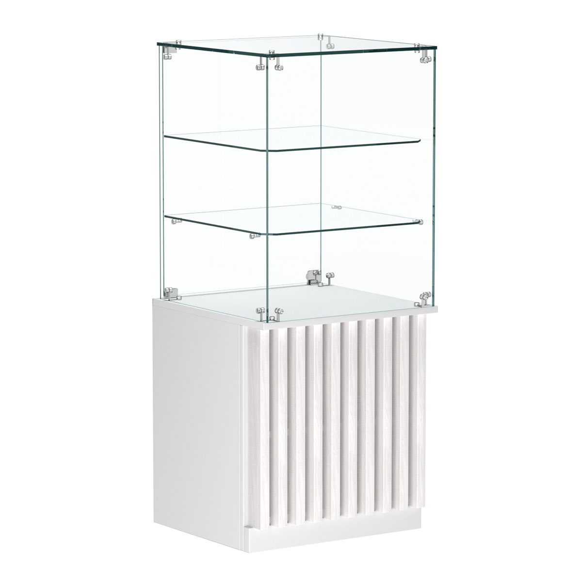 Торговый прилавок квадратный с планками и двумя стеклянными полками серии ВЕРТИКАЛЬ №42 Белый