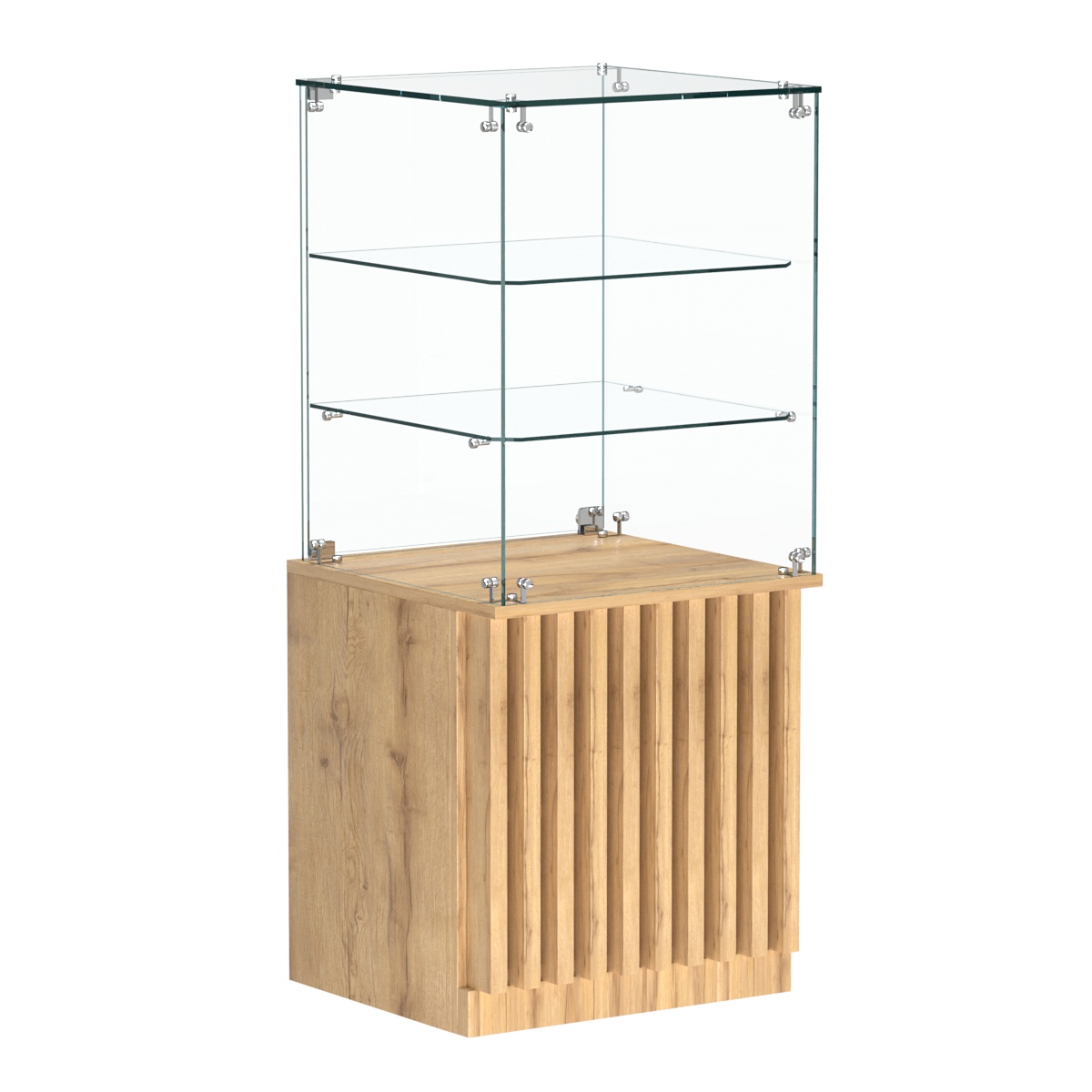 Торговый прилавок квадратный с планками и двумя стеклянными полками серии ВЕРТИКАЛЬ №42 Дуб Золотистый