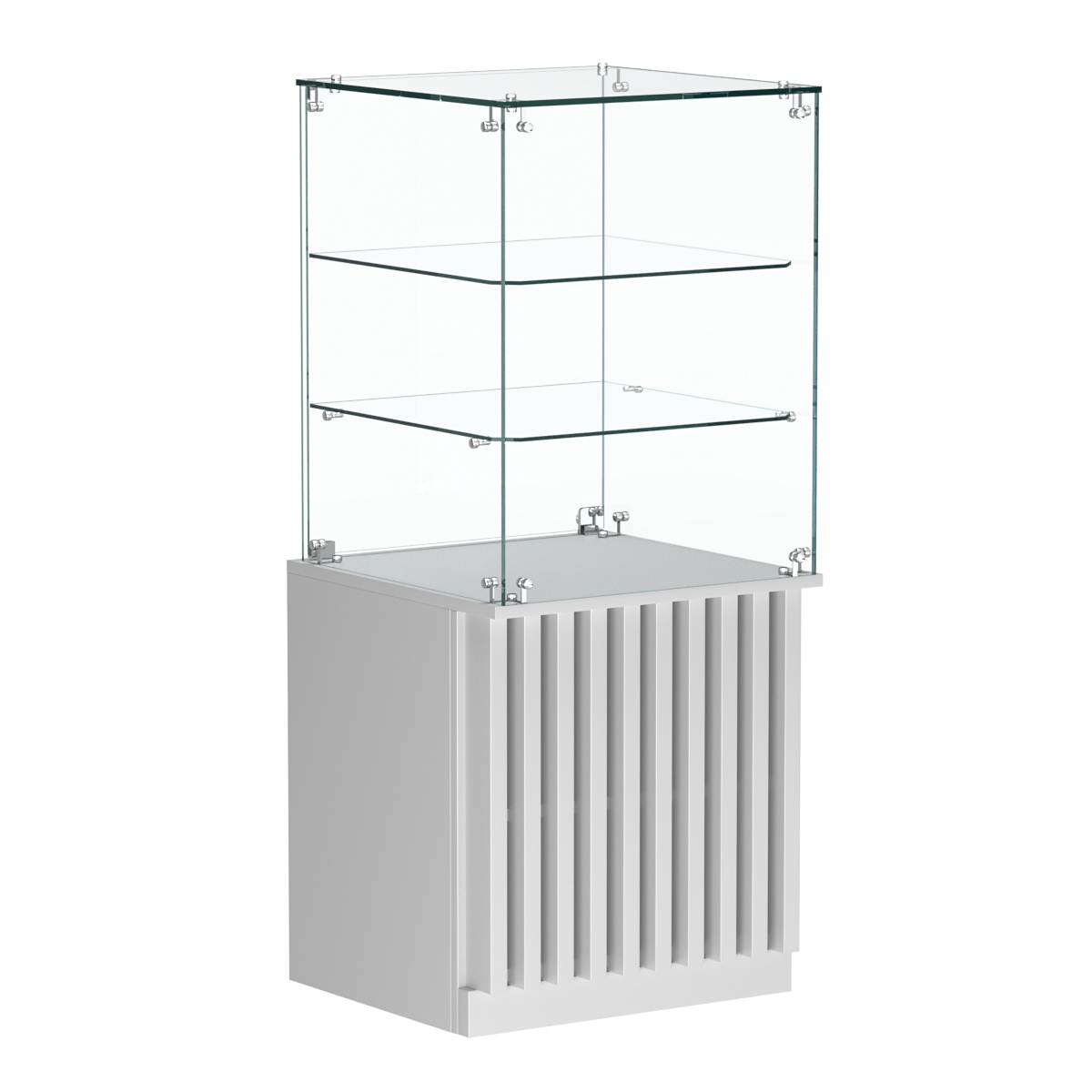 Торговый прилавок квадратный с планками и двумя стеклянными полками серии ВЕРТИКАЛЬ №42 Серый