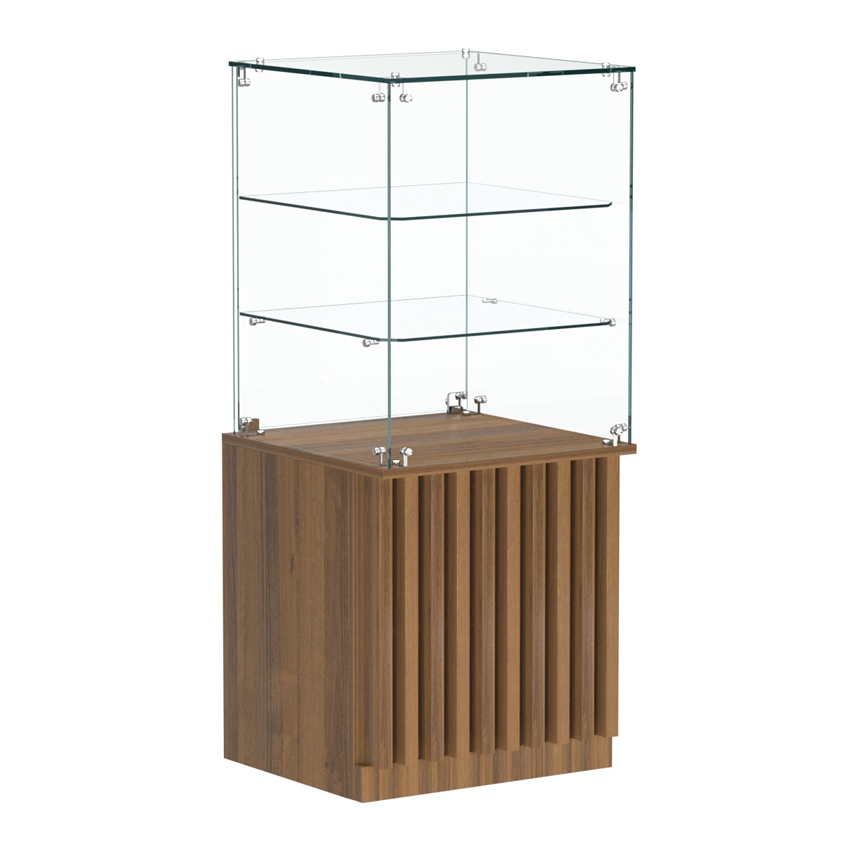 Торговый прилавок квадратный с планками и двумя стеклянными полками серии ВЕРТИКАЛЬ №42 Орех