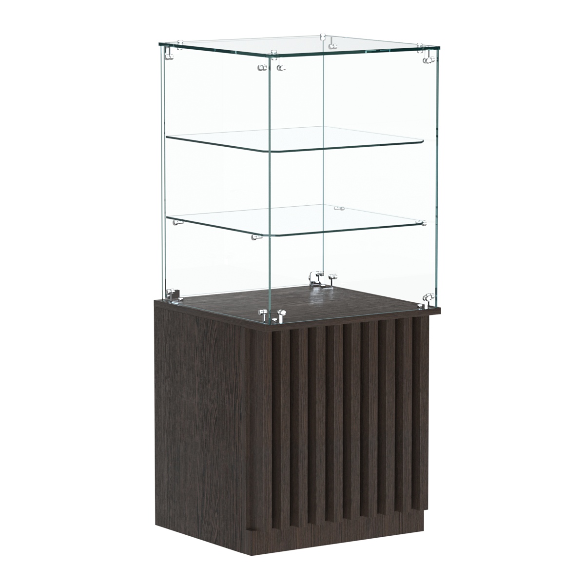 Торговый прилавок квадратный с планками и двумя стеклянными полками серии ВЕРТИКАЛЬ №42 Дуб Венге