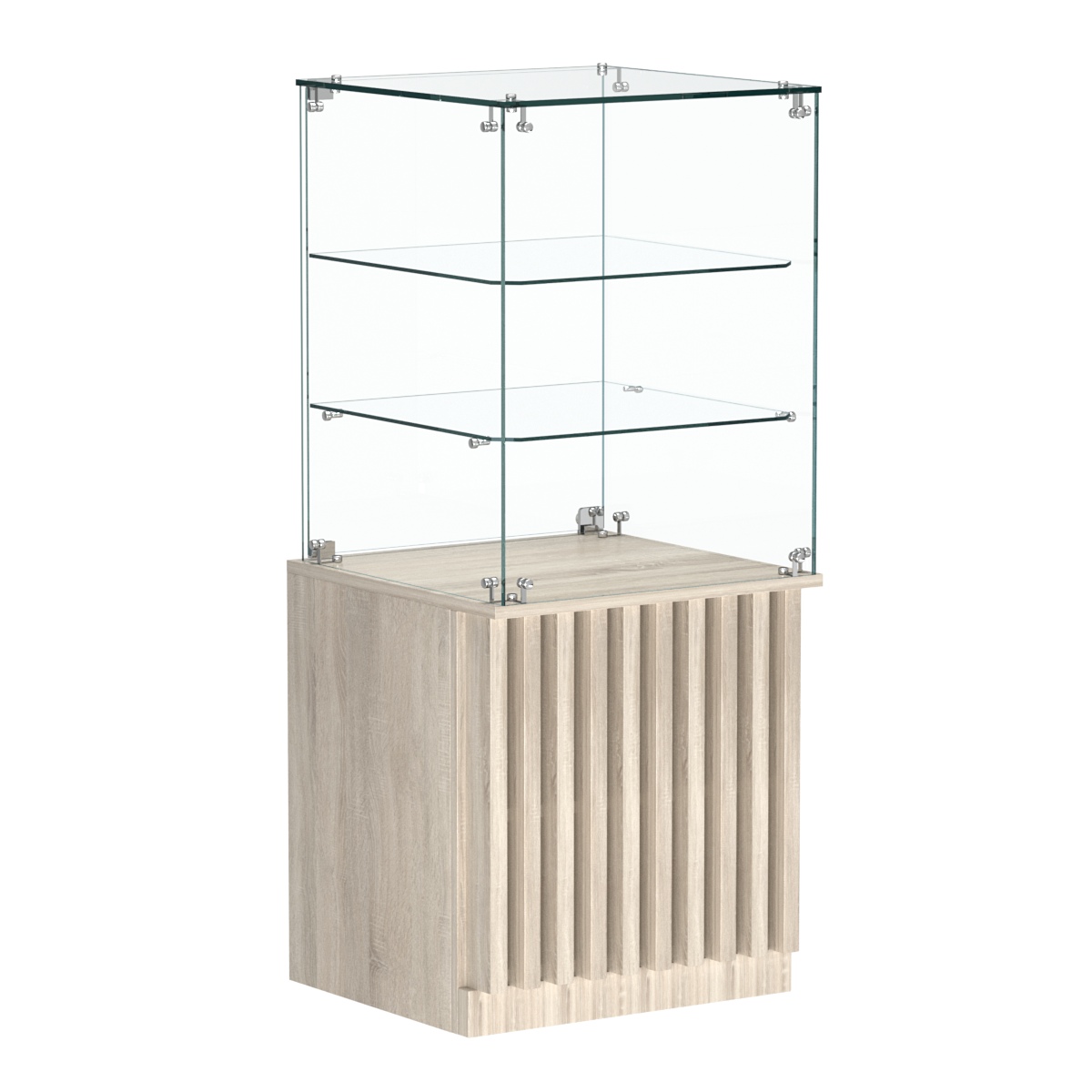 Торговый прилавок квадратный с планками и двумя стеклянными полками серии ВЕРТИКАЛЬ №42 Дуб сонома