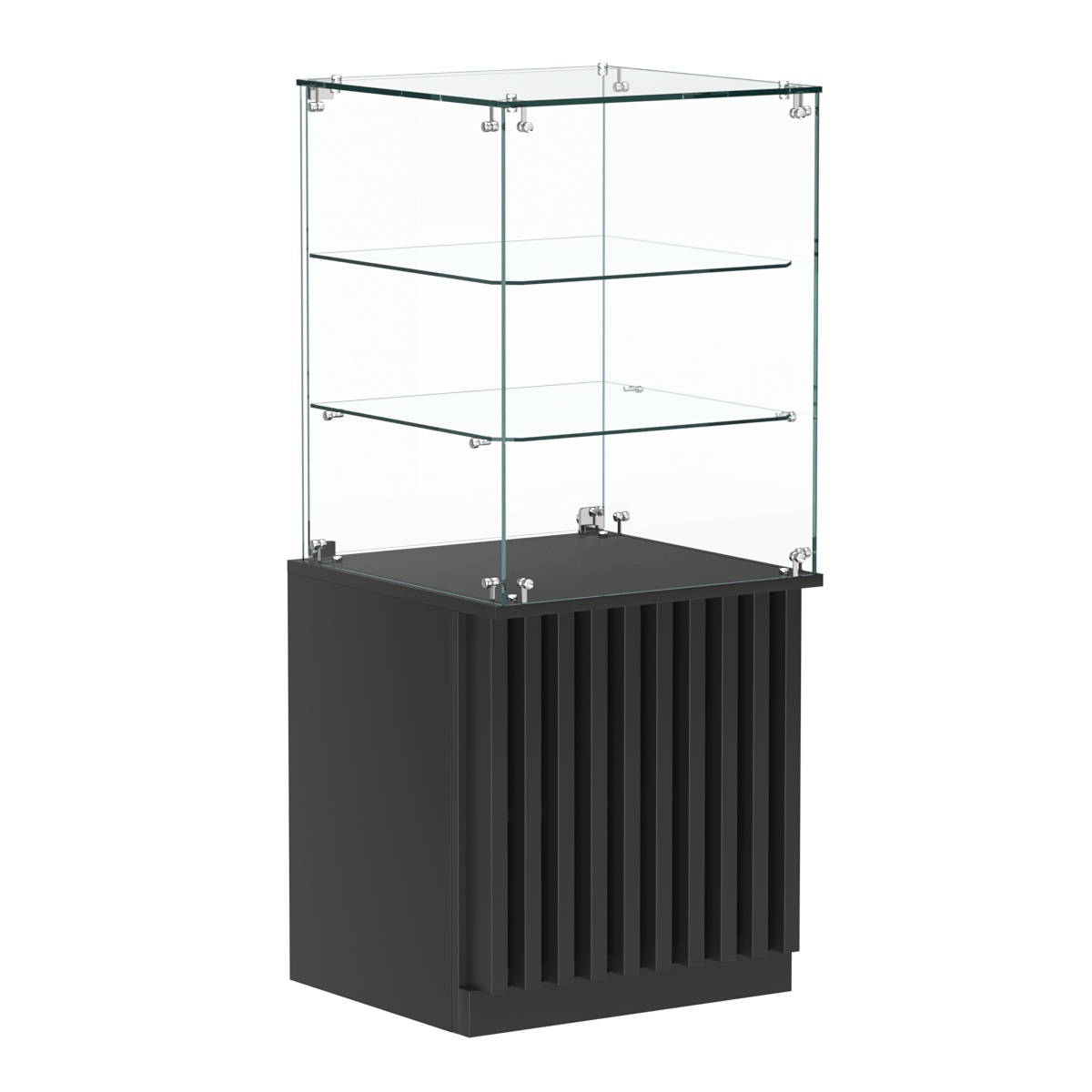 Торговый прилавок квадратный с планками и двумя стеклянными полками серии ВЕРТИКАЛЬ №42 Черный