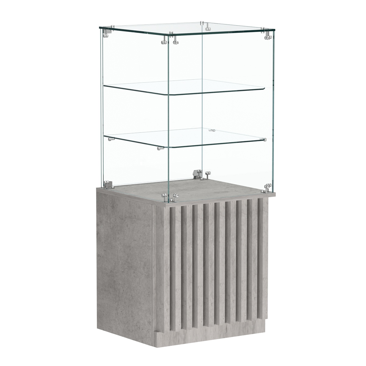Торговый прилавок квадратный с планками и двумя стеклянными полками серии ВЕРТИКАЛЬ №42 Бетон Чикаго светло-серый F186 ST9