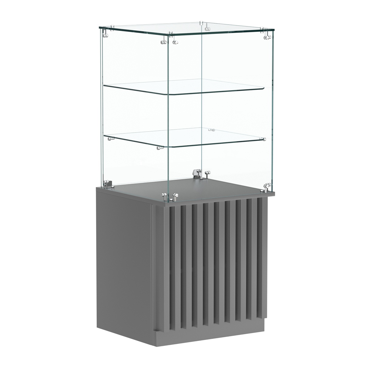 Торговый прилавок квадратный с планками и двумя стеклянными полками серии ВЕРТИКАЛЬ №42 Темно-Серый