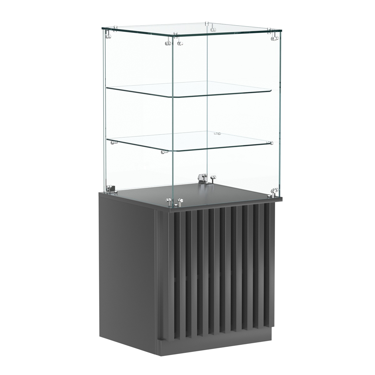 Торговый прилавок квадратный с планками и двумя стеклянными полками серии ВЕРТИКАЛЬ №42 Антрацит