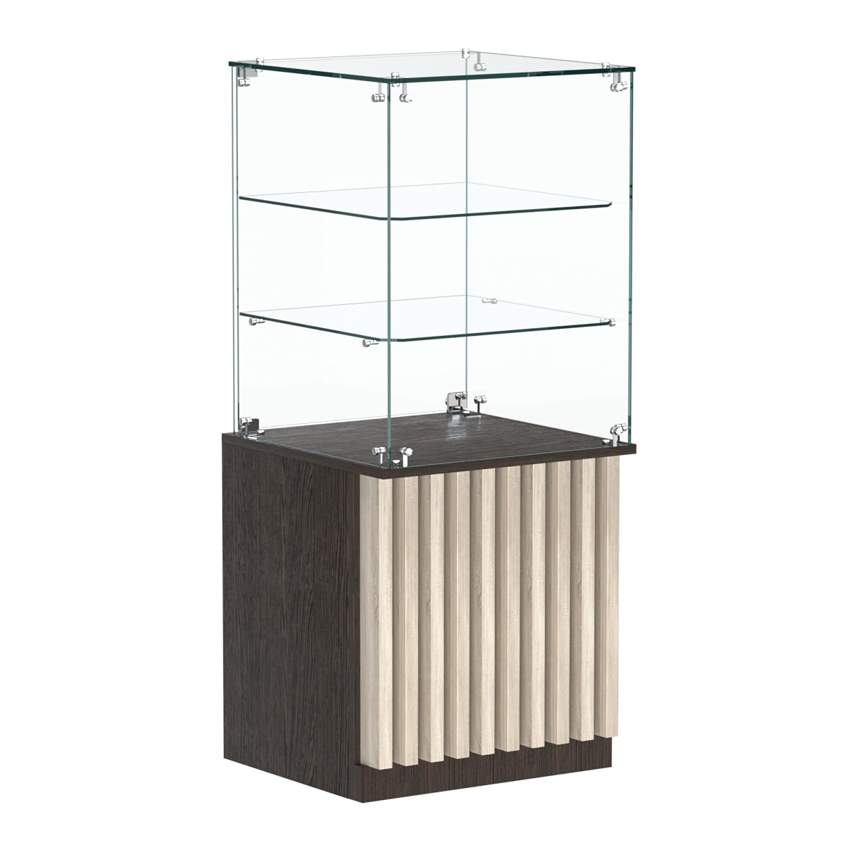 Торговый прилавок квадратный с планками и двумя стеклянными полками серии ВЕРТИКАЛЬ №42 Дуб Венге и Дуб Сонома