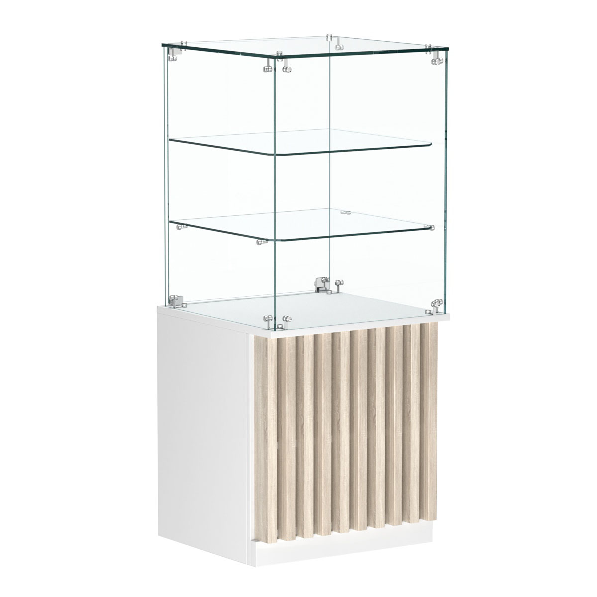 Торговый прилавок квадратный с планками и двумя стеклянными полками серии ВЕРТИКАЛЬ №42 Белый + Дуб Сонома