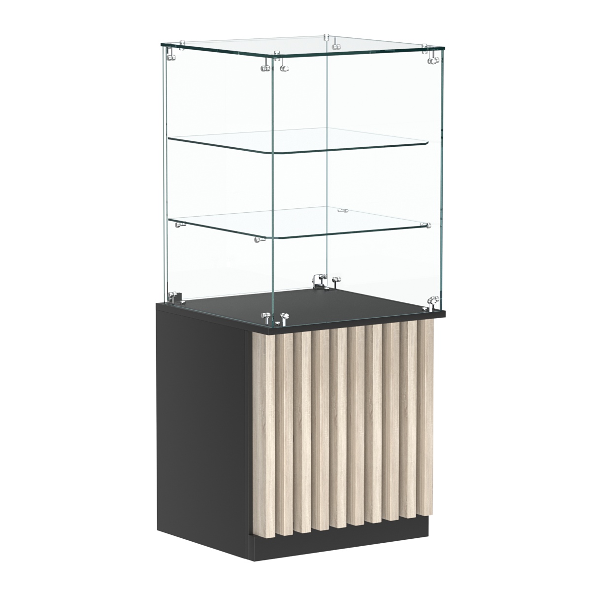 Торговый прилавок квадратный с планками и двумя стеклянными полками серии ВЕРТИКАЛЬ №42 Черный + Дуб Сонома