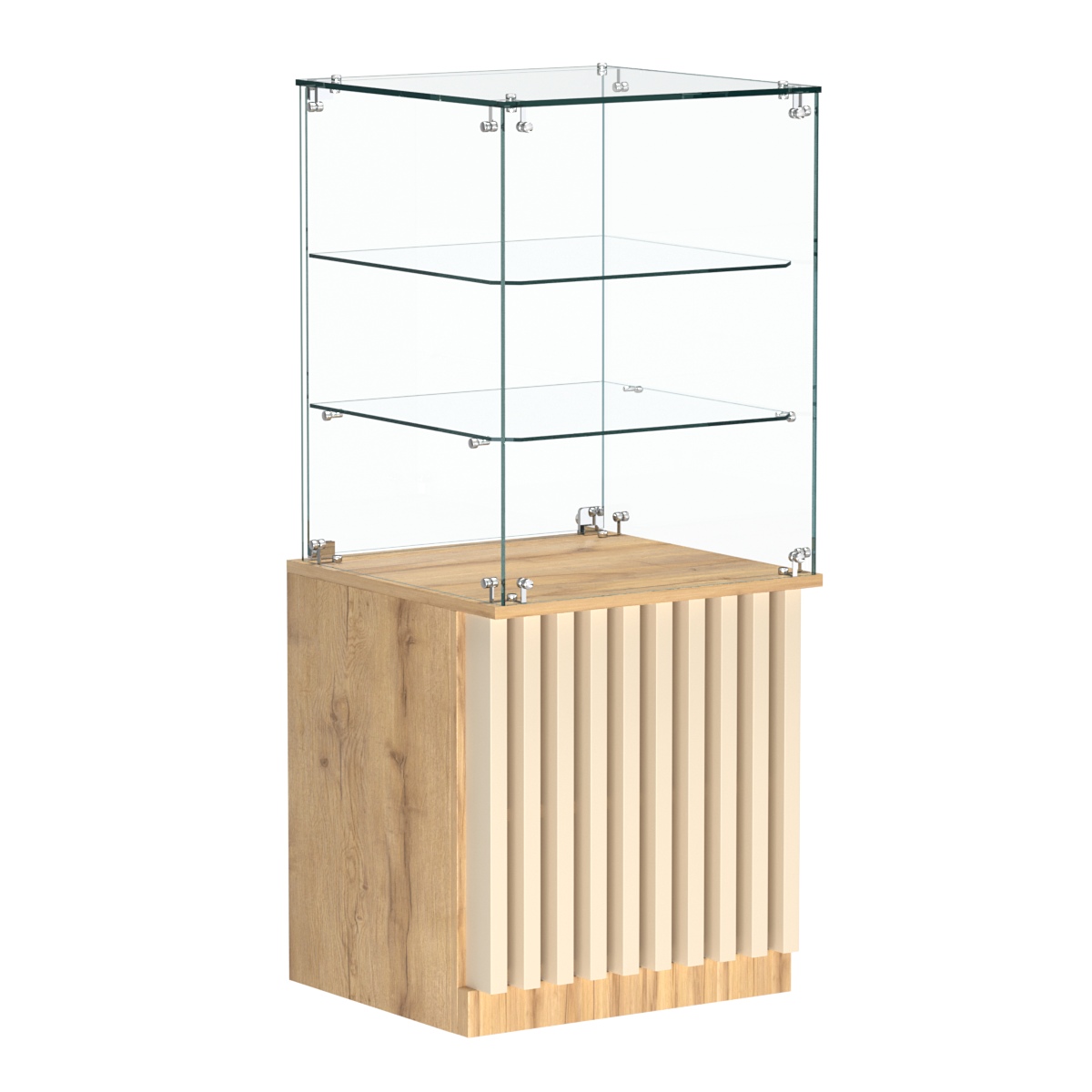 Торговый прилавок квадратный с планками и двумя стеклянными полками серии ВЕРТИКАЛЬ №42 Дуб Золотистый и Крем Вайс